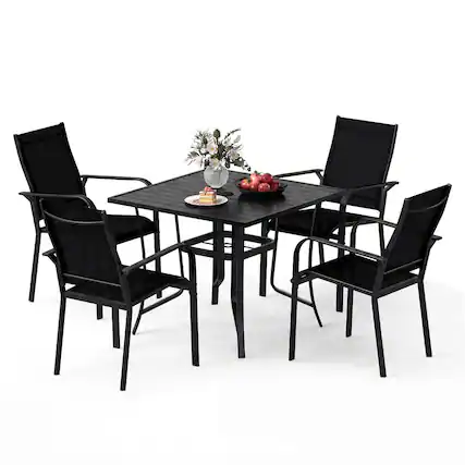 Front. Costway - Costway 5 PCS Patio Furniture Dining Set, Outdoor Square Table & Stackable Chairs with Umbrella Hole - Black.