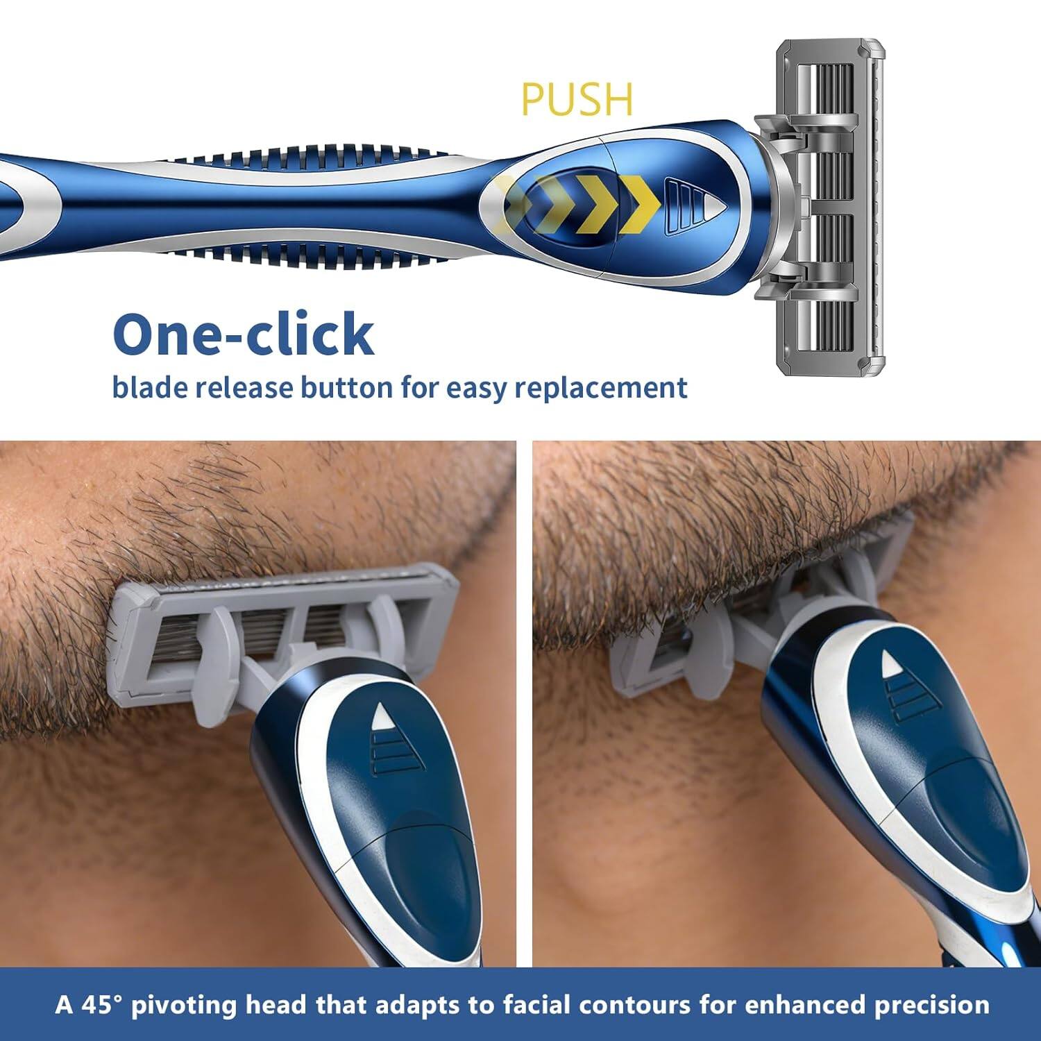 PUSH  
One-click blade release button for easy replacement  

A 45° pivoting head that adapts to facial contours for enhanced precision