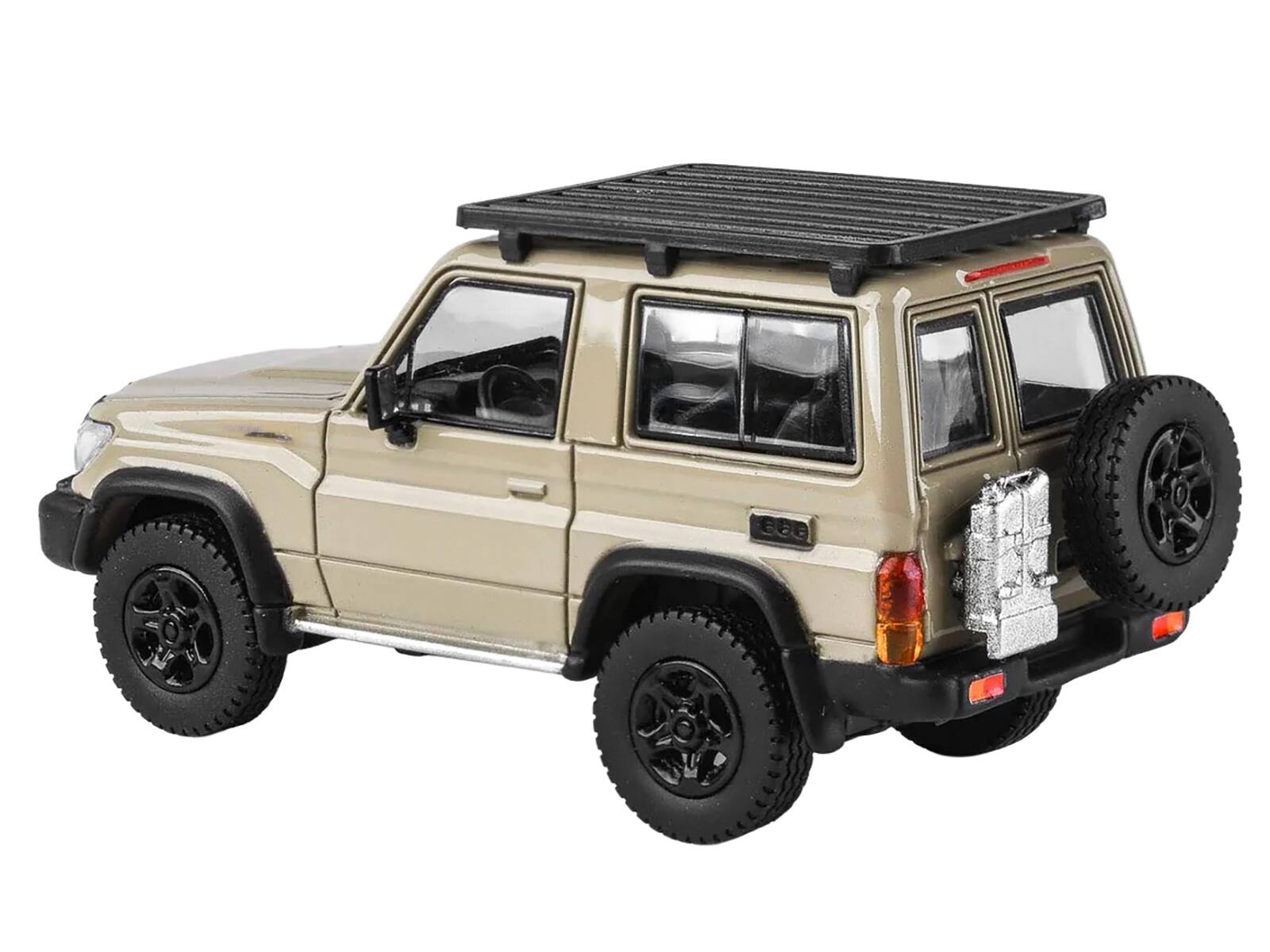 Left. Paragon - 2023 Toyota Land Cruiser 71 Sandy Taupe "70th Anniversary" with Roofrack 1/64 Diecast Model Car by Paragon - Black, Brown.