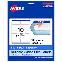 Avery - 1-1/2" x 3-3/4" Waterproof Rectangle Labels, 1,000 Labels - White