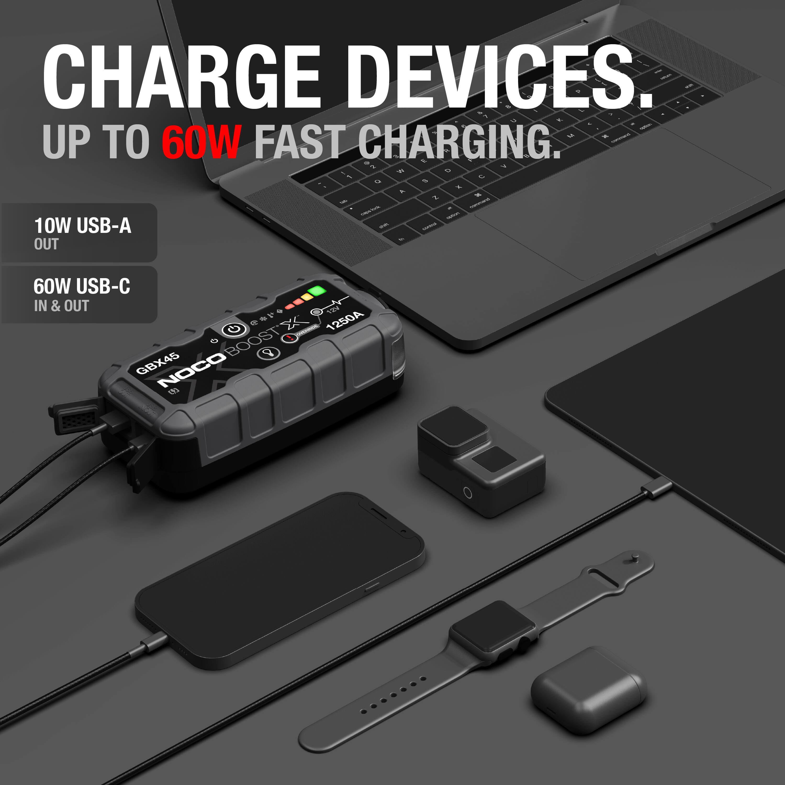 CHARGE DEVICES.  
UP TO 60W FAST CHARGING.

10W USB-A OUT  
60W USB-C IN & OUT