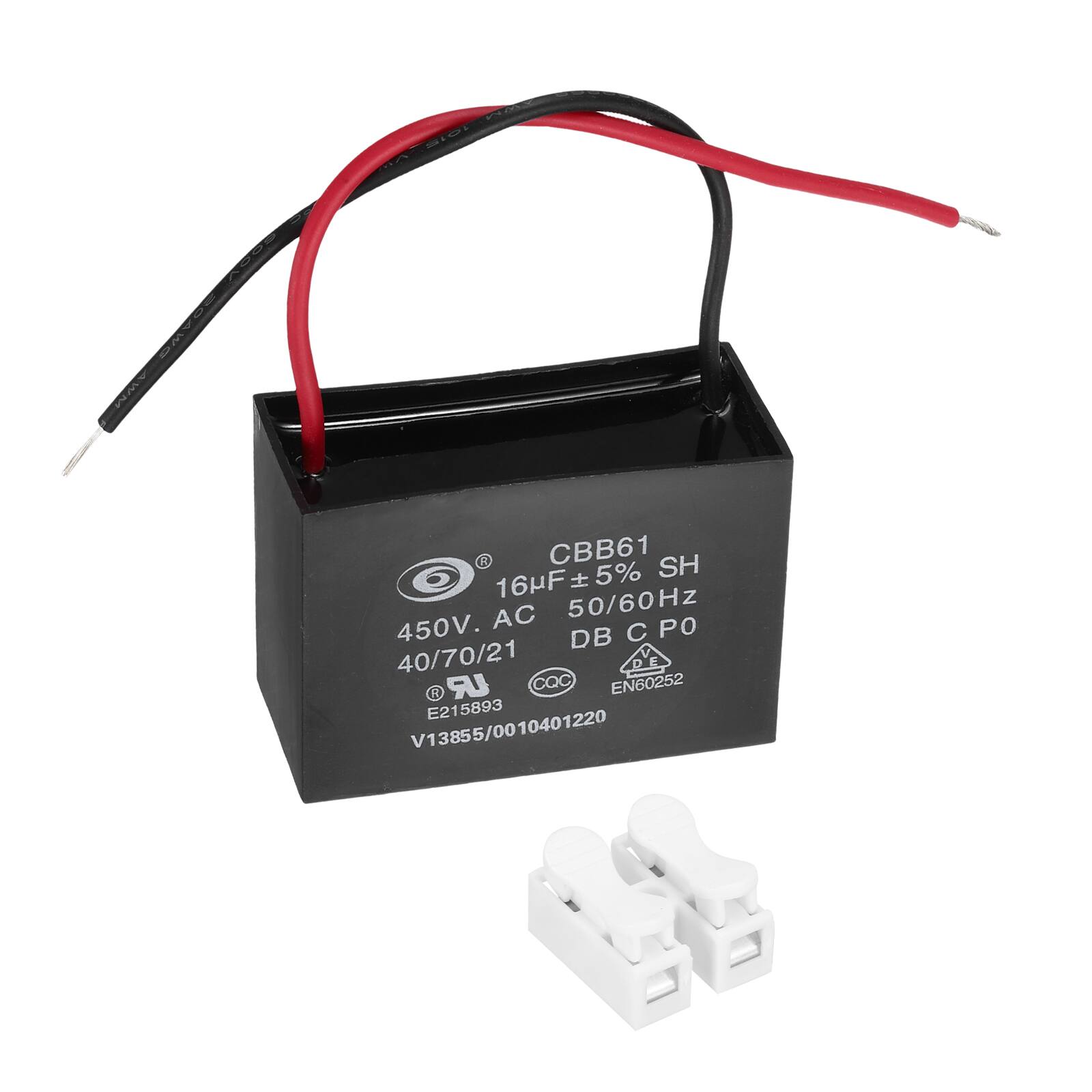 CBB61  
16µF ±5% SH  
450V AC 50/60Hz  
40/70/21  
DB C P0  
E215893  
V13855/0010401220  
EN60252  
CQC