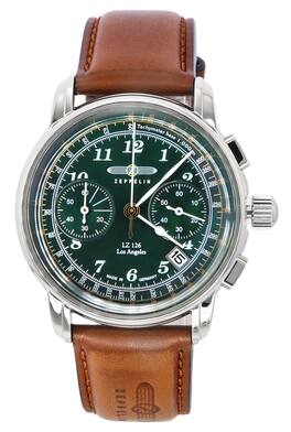 Zeppelin - LZ 126 Los Angeles Chronograph Leather Strap Green Dial Quartz 76144 Men's Watch - Silver and Brown