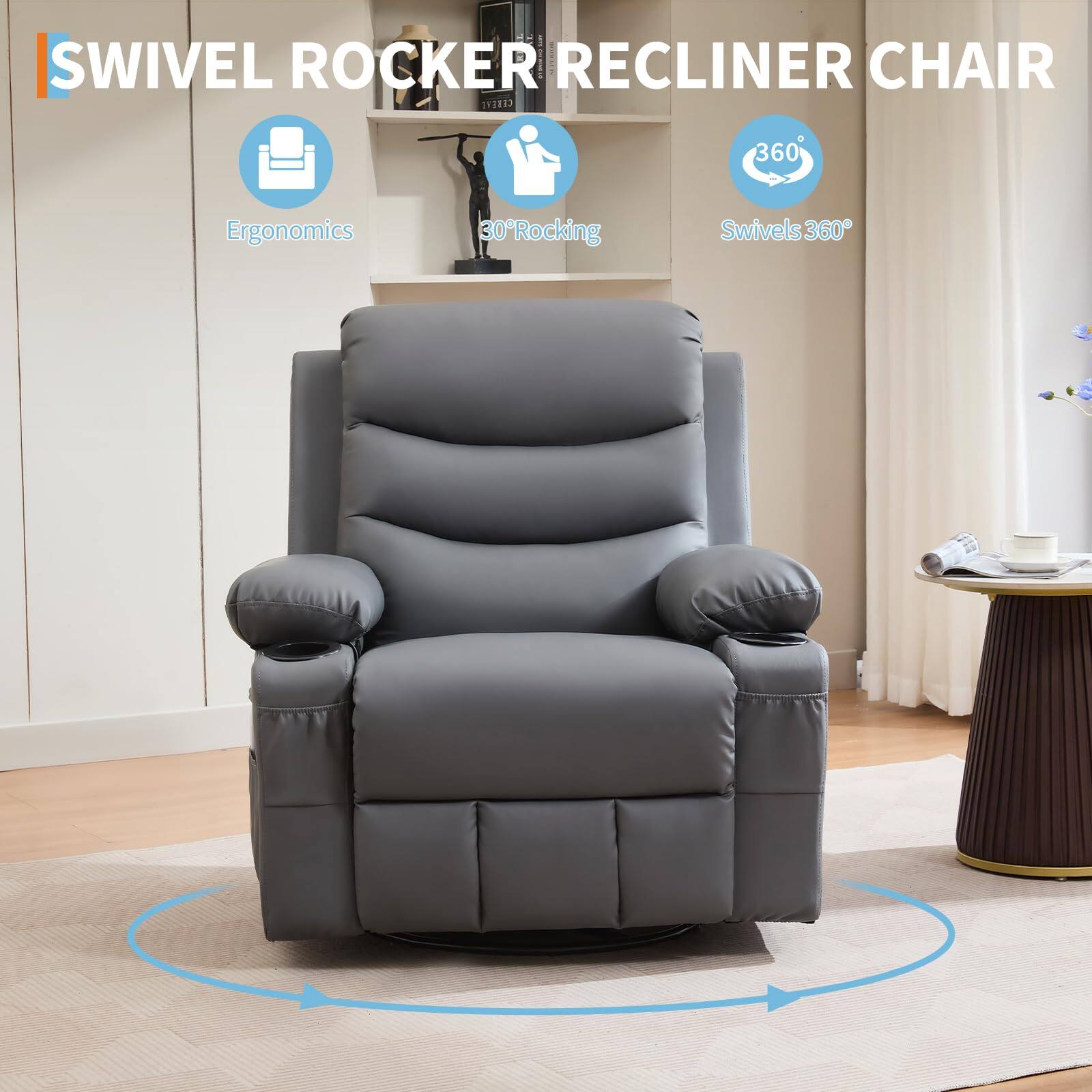 SWIVEL ROCKER RECLINER CHAIR

- Ergonomics
- 30° Rocking
- Swivels 360°