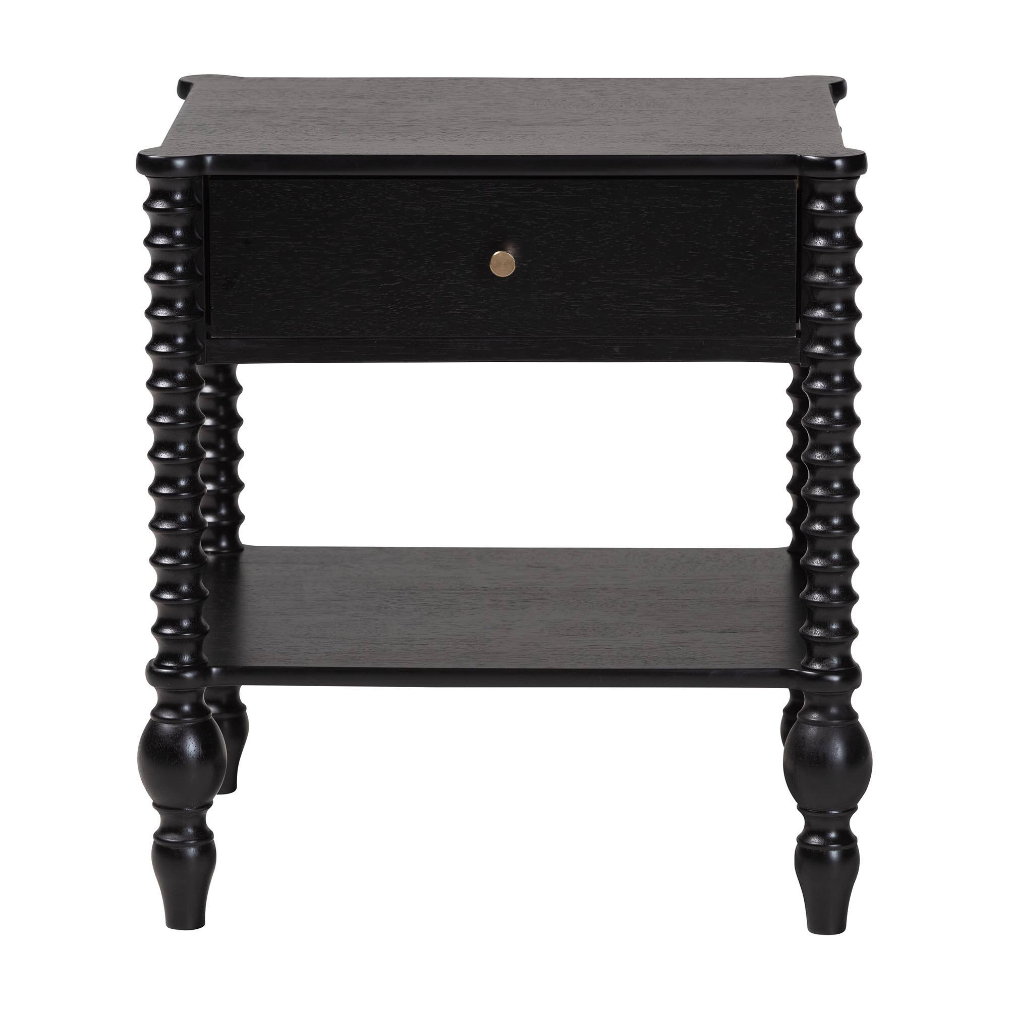 Left. Baxton Studio - Callison Spindle Nightstand - 1-Drawer Farmhouse Bedside Table with Open Shelf Storage and Turned Accents for Bedroom, - Black.