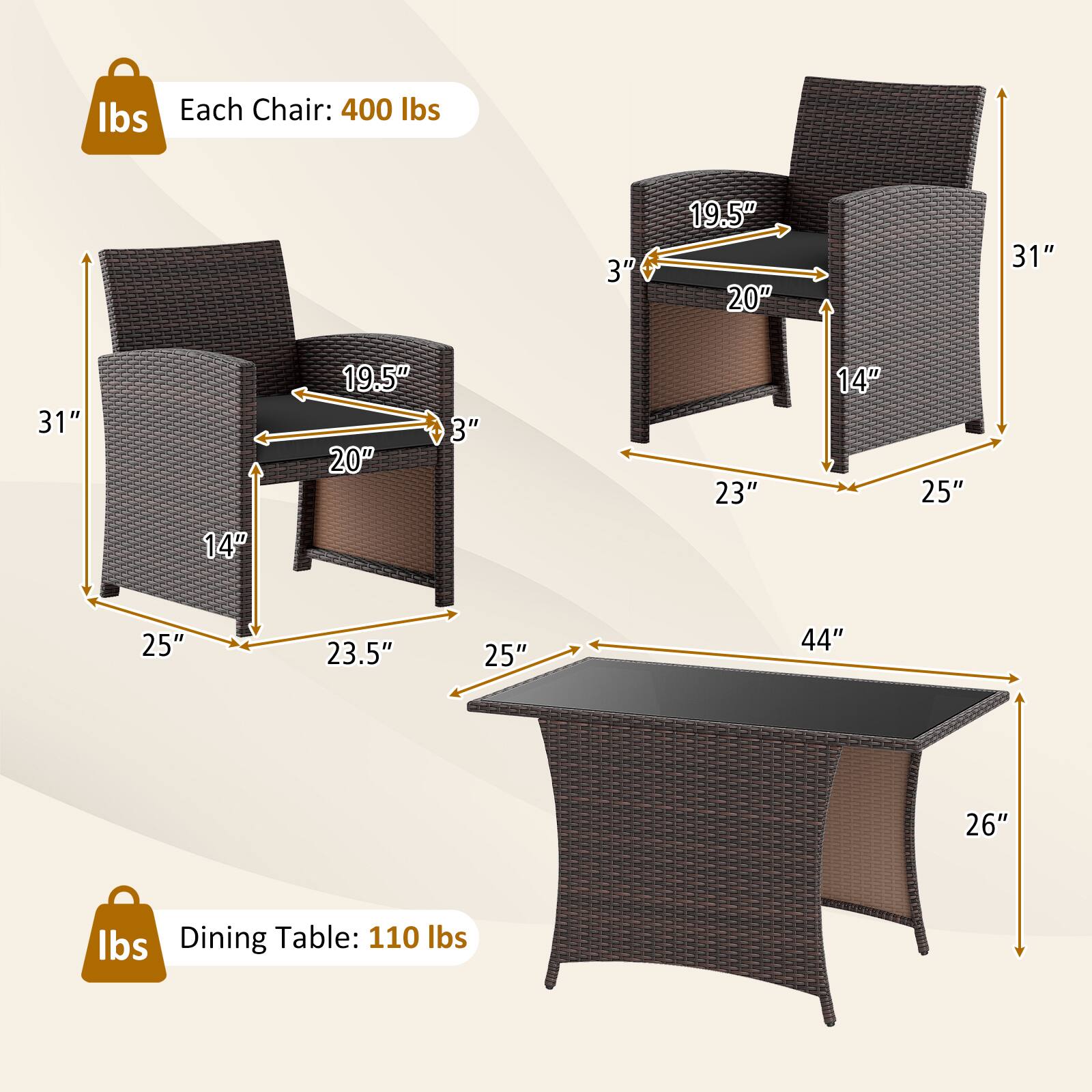 Each Chair: 400 lbs  
3" 19.5" 20" 31" 31" 19.5" 20" 3" 23" 14" 25" 14" 25" 23.5" 25" 44" 26"  
Dining Table: 110 lbs