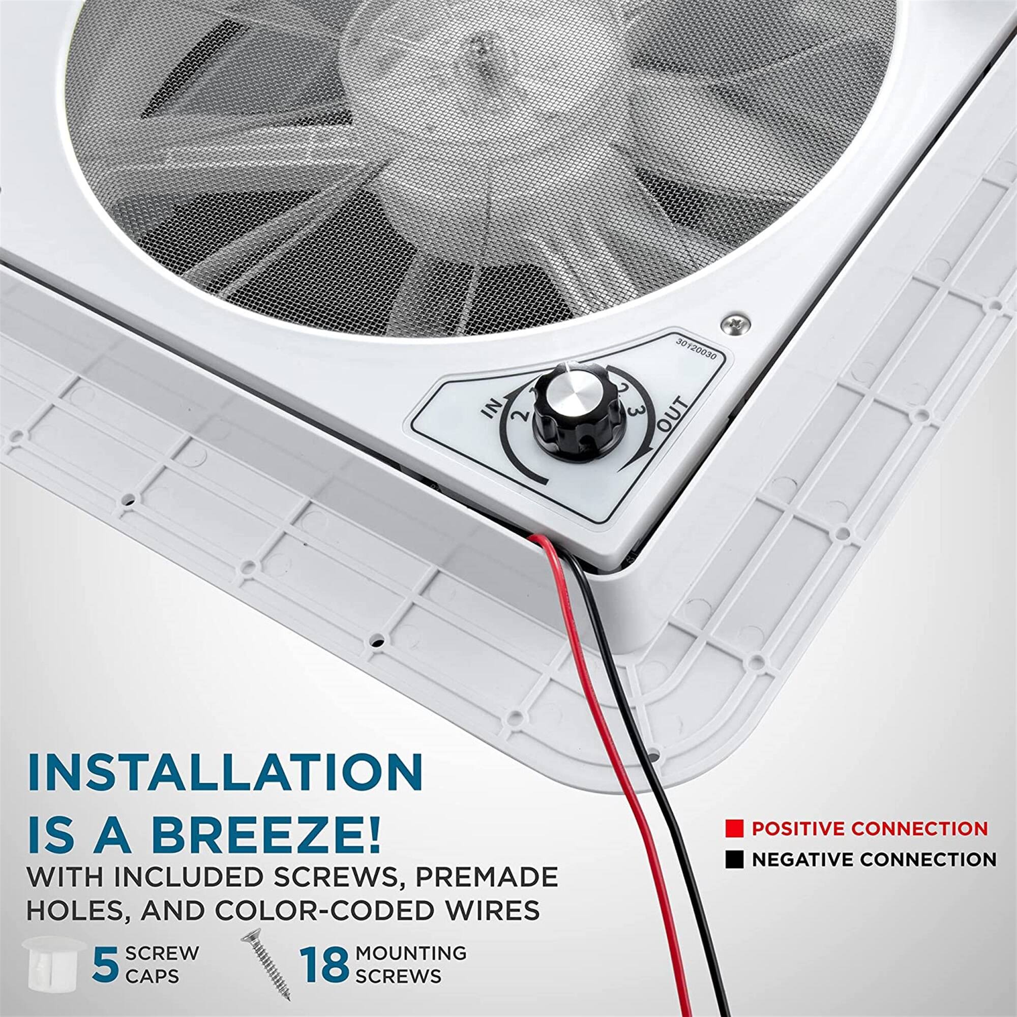 INSTALLATION IS A BREEZE! WITH INCLUDED SCREWS, PREMADE HOLES, AND COLOR-CODED WIRES SCREW MOUNTING 5 CAPS 18 SCREWS POSITIVE CONNECTION NEGATIVE CONNECTION