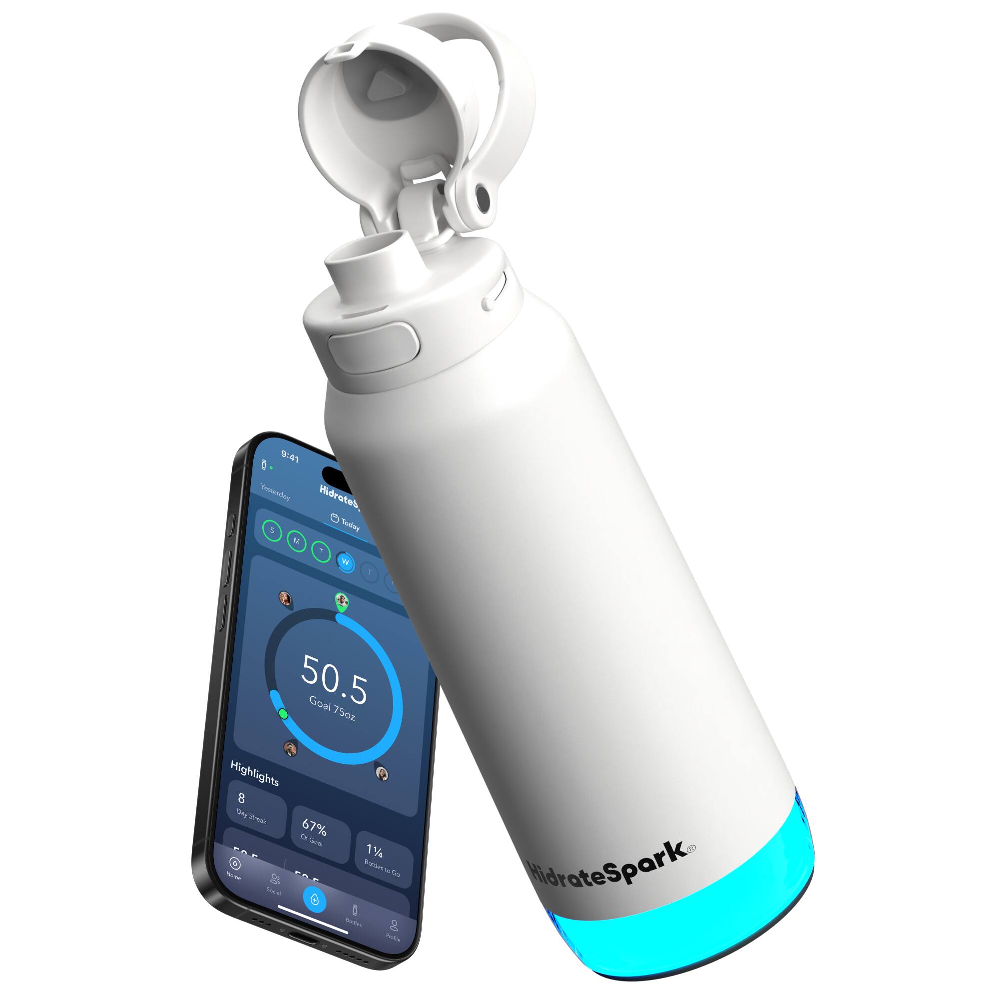 Hidrate - 32 oz HidrateSpark PRO 2 Smart Water Bottle - Health & Wellness Tracker - Apple Health - Smart Ring & Watch Compatible - White