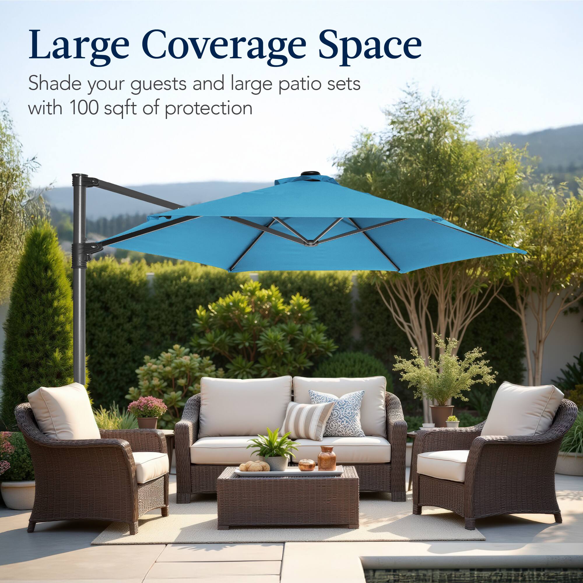 Large Coverage Space  
Shade your guests and large patio sets with 100 sqft of protection