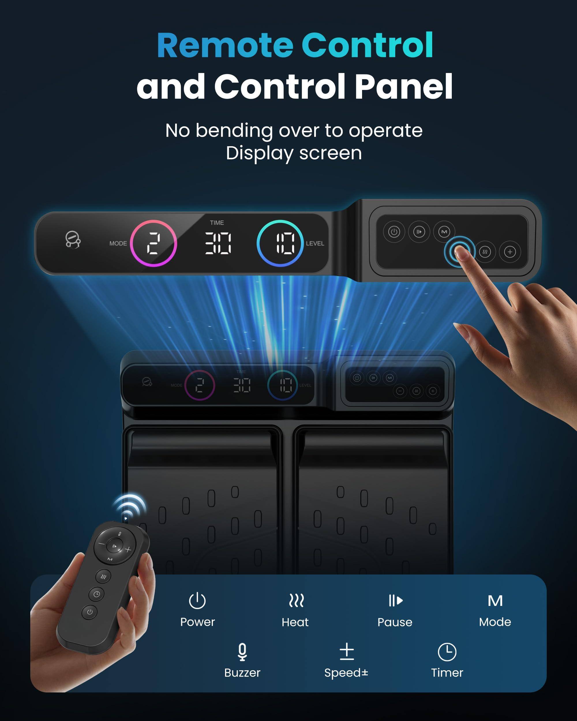 Remote Control and Control Panel  
No bending over to operate Display screen  

- Power  
- Heat  
- Pause  
- Mode  
- Buzzer  
- Speed+  
- Timer  

- TIME  
- LEVEL  
- MODE  
- +  
- -  
- 7  
- 00  
- C