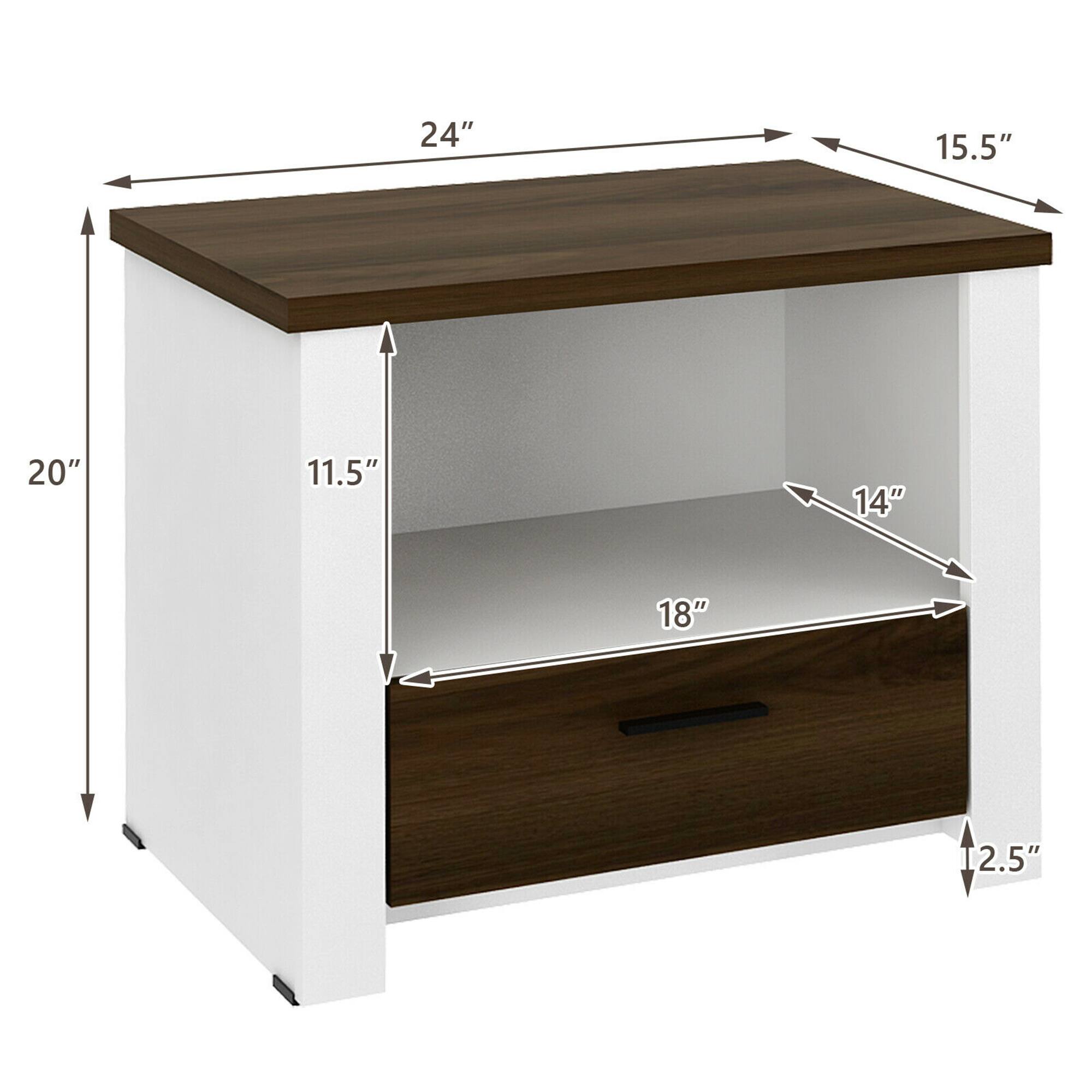 The dimensions of the desk are as follows:

- Length: 24"
- Width: 15.5"
- Height: 20"
- Shelf depth: 11.5"
- Shelf width: 18"
- Drawer height: 2.5"