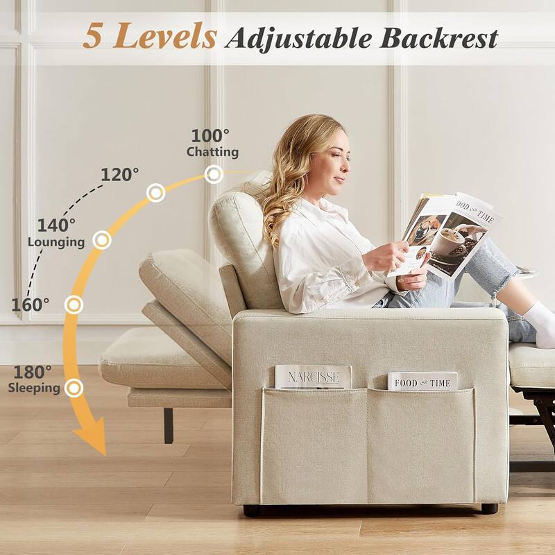 5 Levels Adjustable Backrest

100° Chatting  
120°  
140° Lounging  
160°  
180° Sleeping  

NARCISSE  
FOOD & TIME