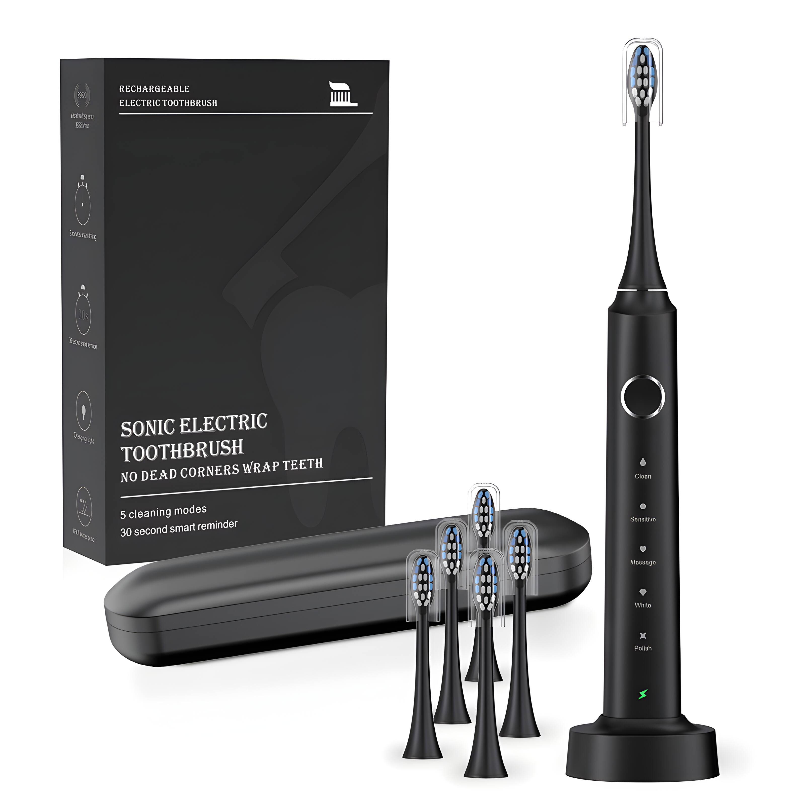 RECHARGEABLE ELECTRIC TOOTHBRUSH

SONIC ELECTRIC TOOTHBRUSH
NO DEAD CORNERS WRAP TEETH

5 cleaning modes
30 second smart reminder

Clean
Sensitive
Massage
White
Polish