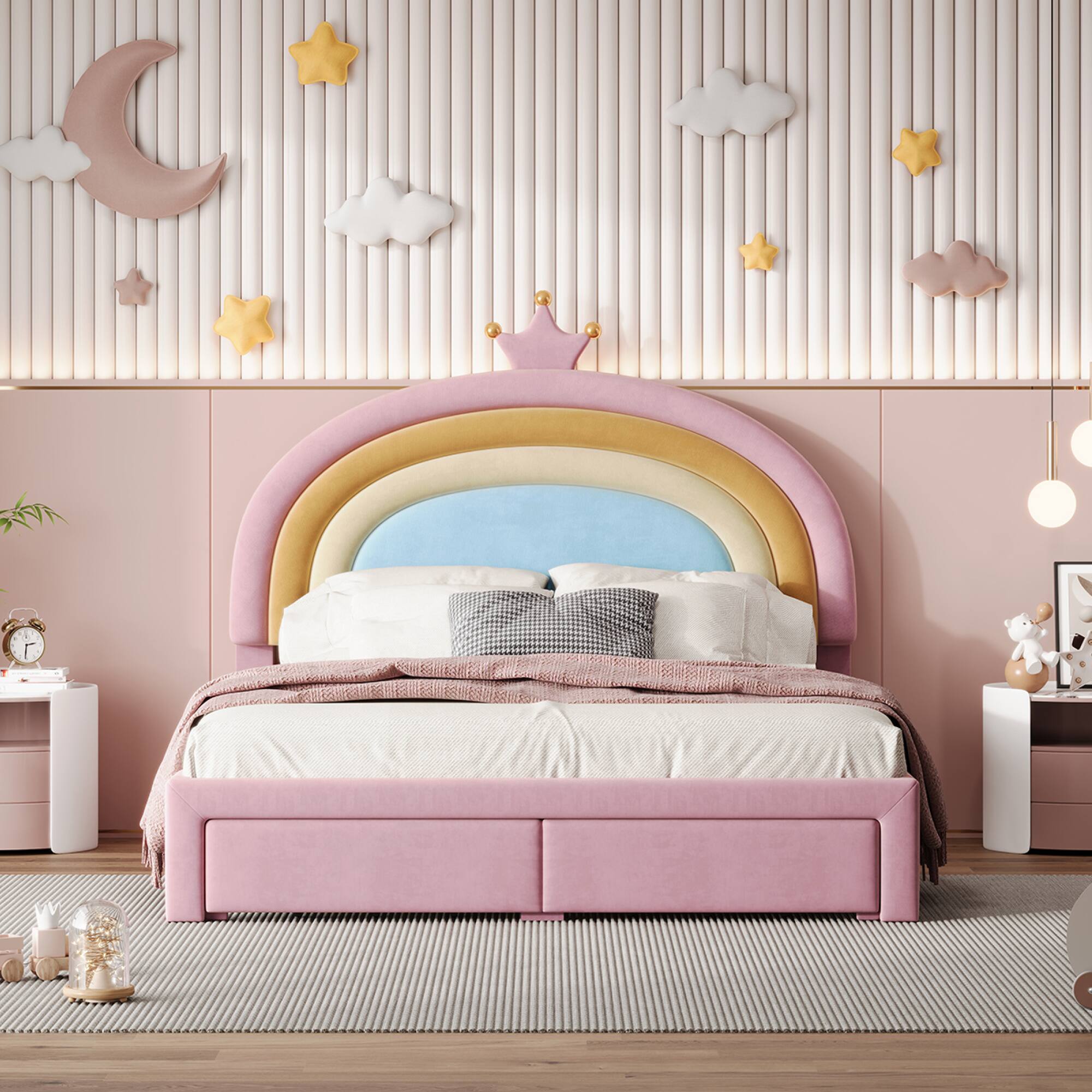 Alt View 8. GOODSILO - Full Size Upholstered Platform Bed with Storage Drawer and Colorful Design - Pink.