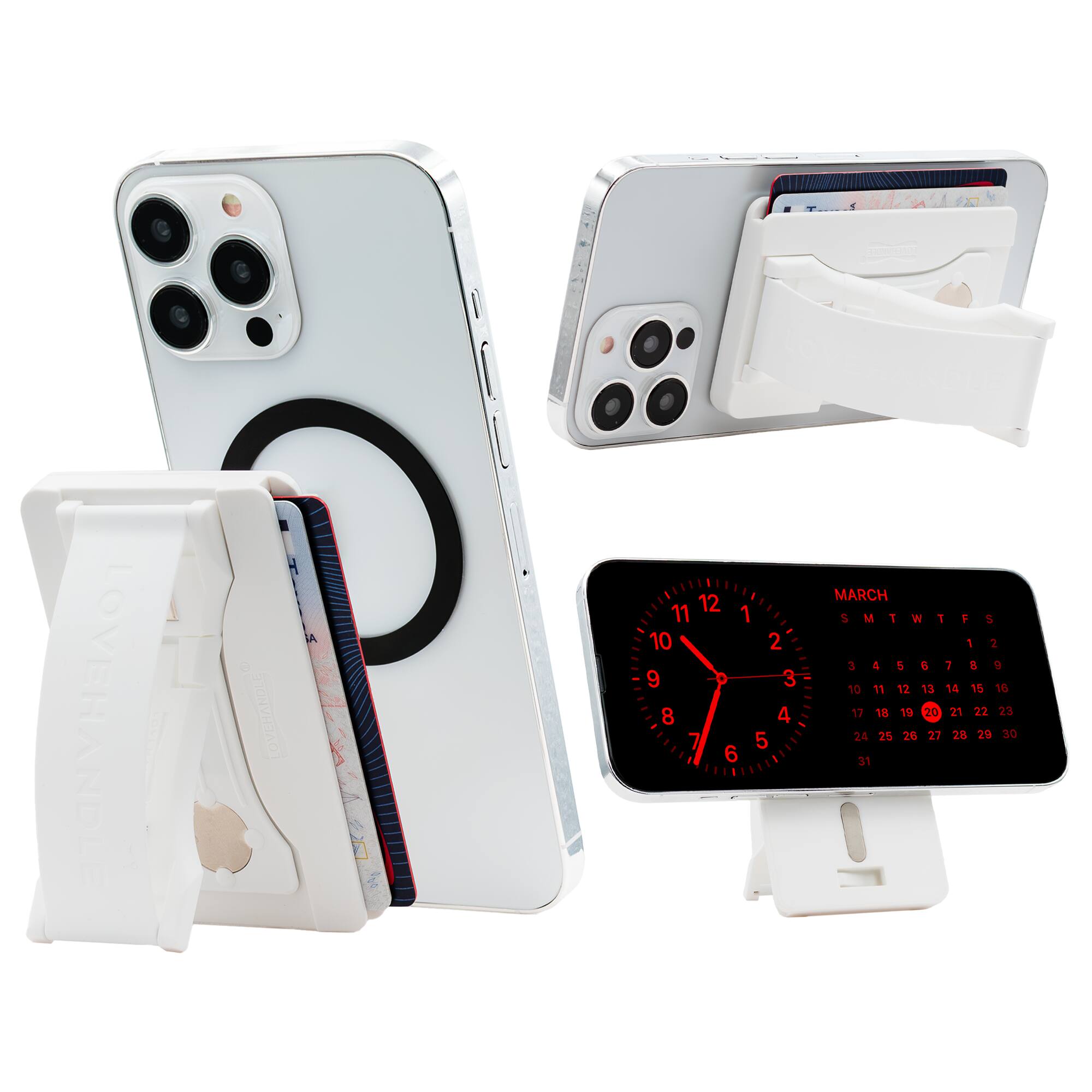 The image features a white cell phone with a black circle on the back. The phone is displayed in different positions, including a close-up view and a side view. Additionally, there is a calendar app on the phone, which shows the month of March. The image also includes a clock app, which is visible on the screen. The clock app is set to 10:10, indicating the time displayed on the phone.