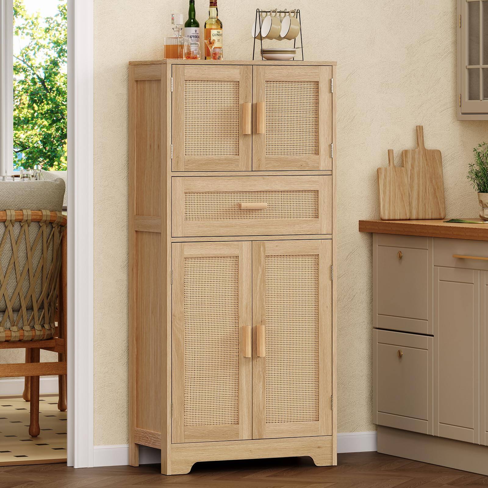 Left. Earthley Blooms - Tall Storage Cabinet Adjustable Shelf Rattan Drawer Cupboard Living Room Dining Entryway Home Office.