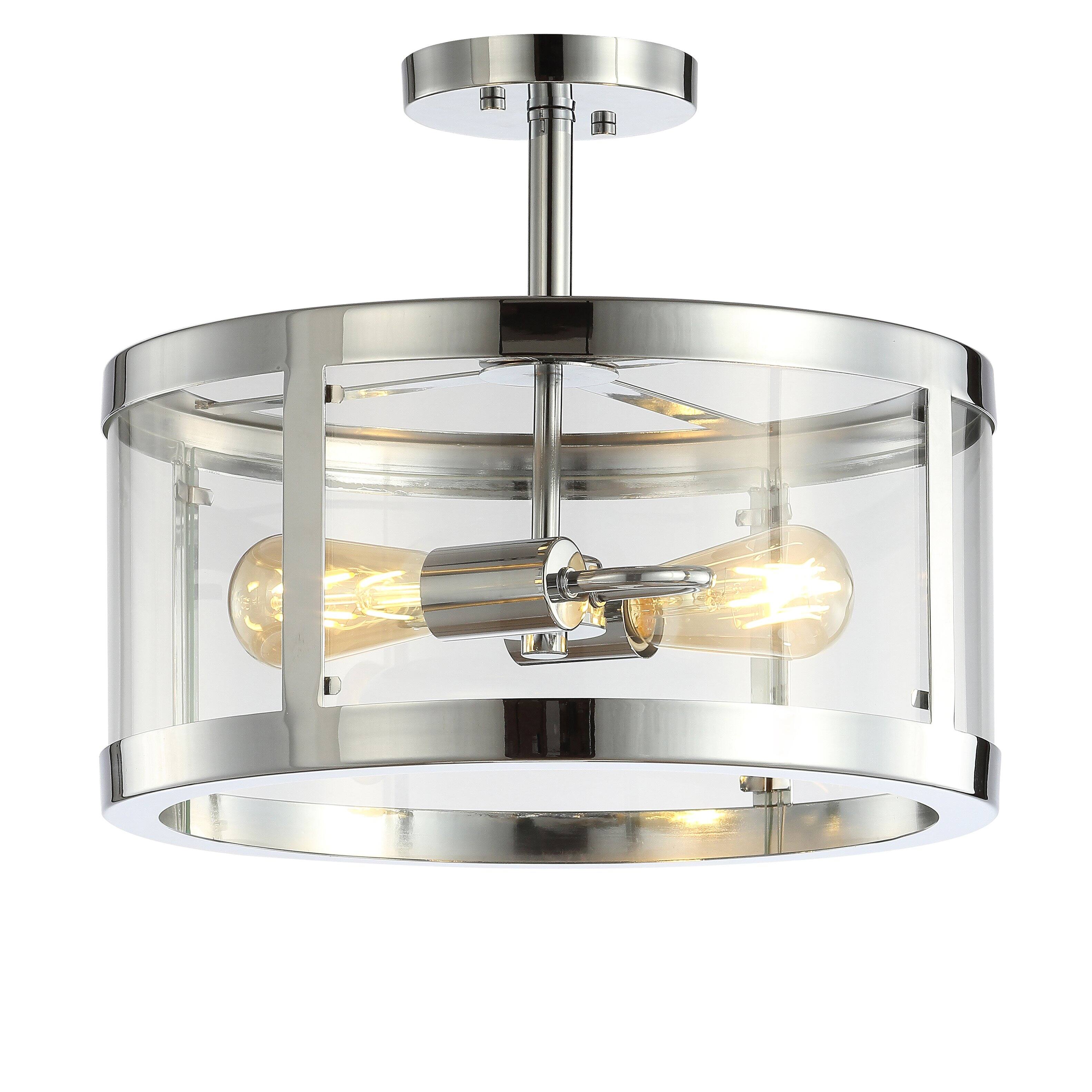 Front. Jonathan Y - Herndon 2-Light 15" Iron/Glass Modern LED Flush Mount, Chrome - Chrome/Clear.