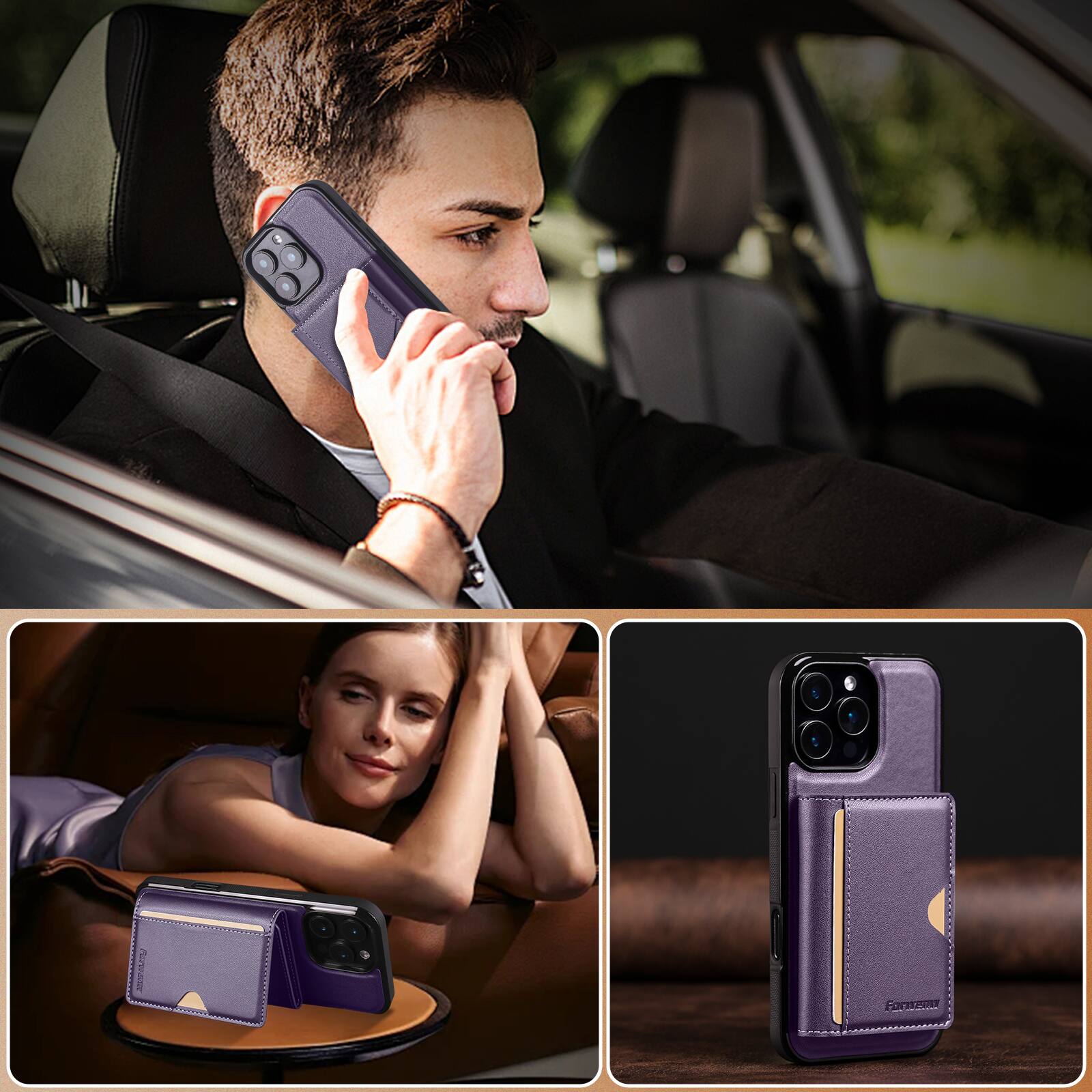 Alt View 4. Dteck - 2-in-1 Magnetic Detachable Wallet Case for Apple iPhone 16 Pro Max, PU Leather Shockproof Cover with Kickstand - Purple.