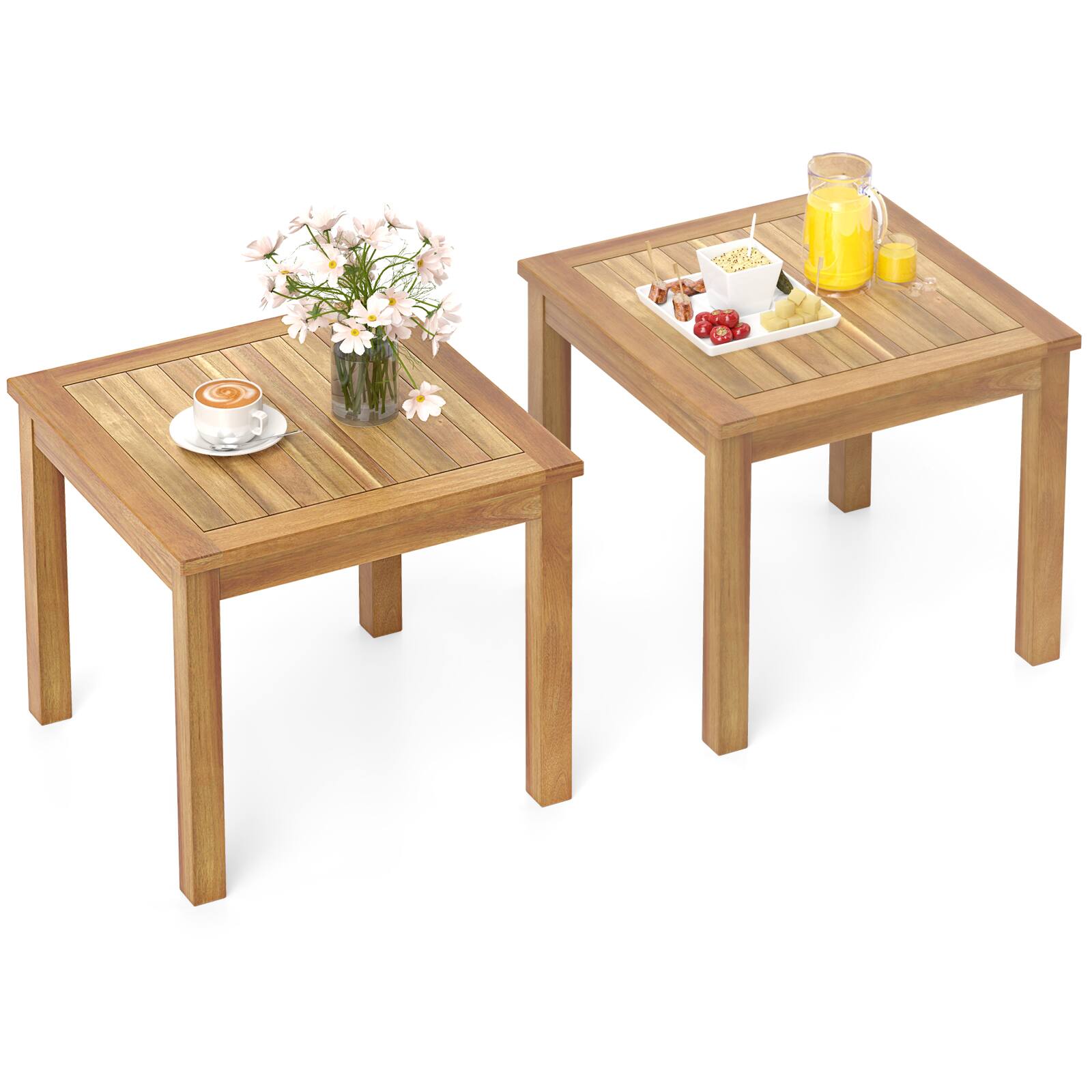 Front. Gymax - Gymax 2PCS Outdoor Square Teak Wood End Table Coffee Table for Porch Deck Garden Patio - Natural.