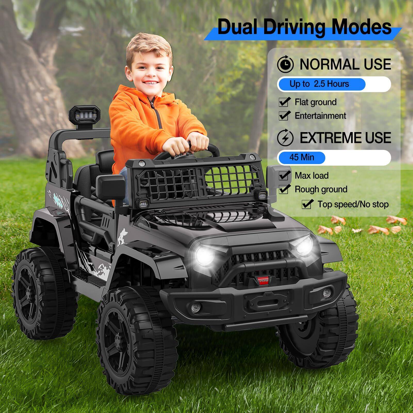 Dual Driving Modes

NORMAL USE
- Up to 2.5 Hours
- Flat ground
- Entertainment

EXTREME USE
- 45 Min
- Max load
- Rough ground
- Top speed/No stop