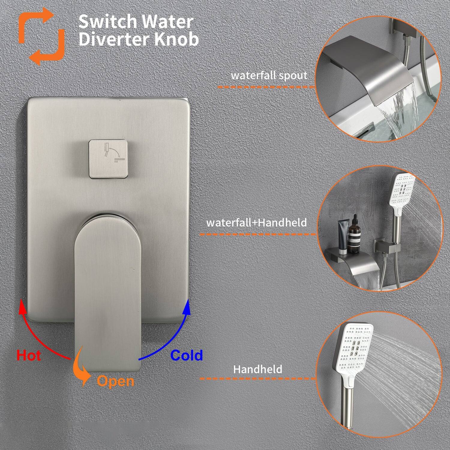 Switch Water Diverter Knob

- Hot
- Cold
- Open

waterfall spout

waterfall+Handheld

Handheld