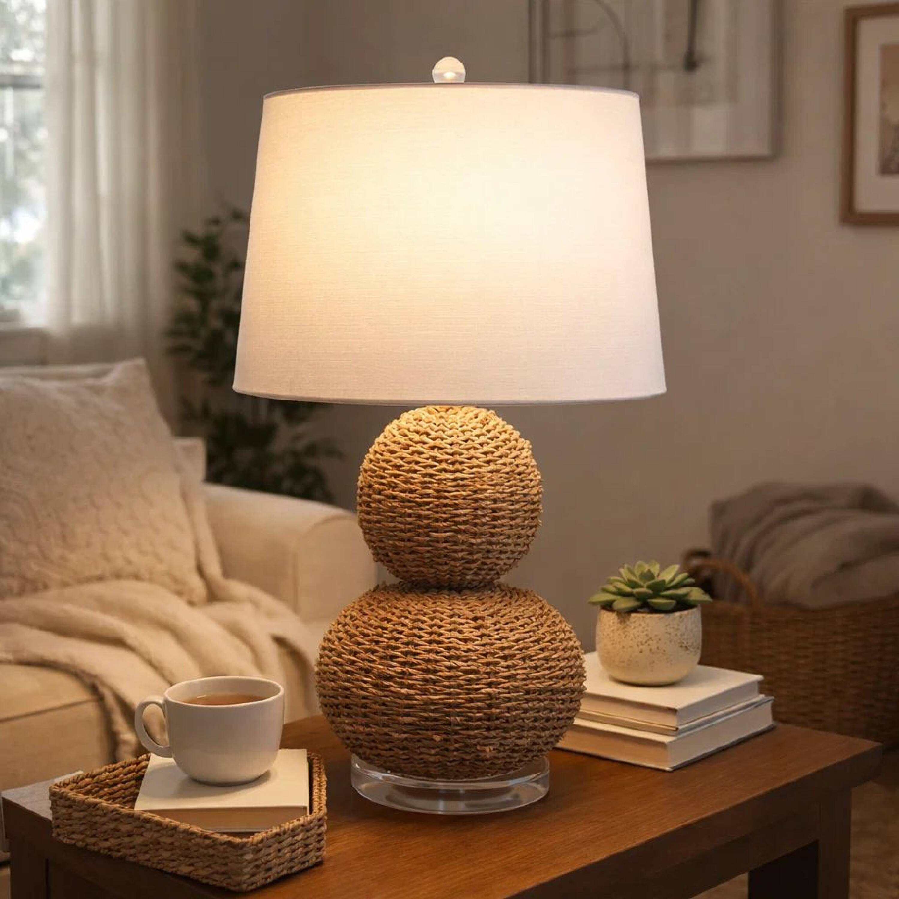 Alt View 2. Manhattan Lane - 25 Inch Table Lamp, Rattan Woven, Inverted Tapered Shade - White, Silver, Beige.