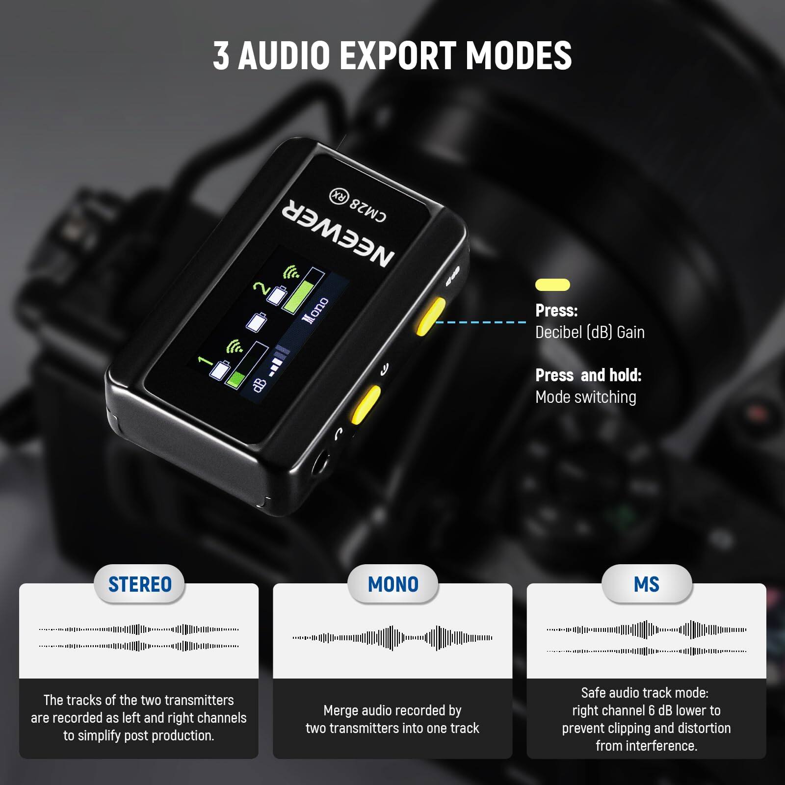 3 AUDIO EXPORT MODES

RX CM28 NEEWER

Mono

Press: Decibel (dB) Gain

Press and hold: Mode switching

STEREO

The tracks of the two transmitters are recorded as left and right channels to simplify post production.

MONO

Merge audio recorded by two transmitters into one track

MS

Safe audio track mode: right channel 6 dB lower to prevent clipping and distortion from interference.