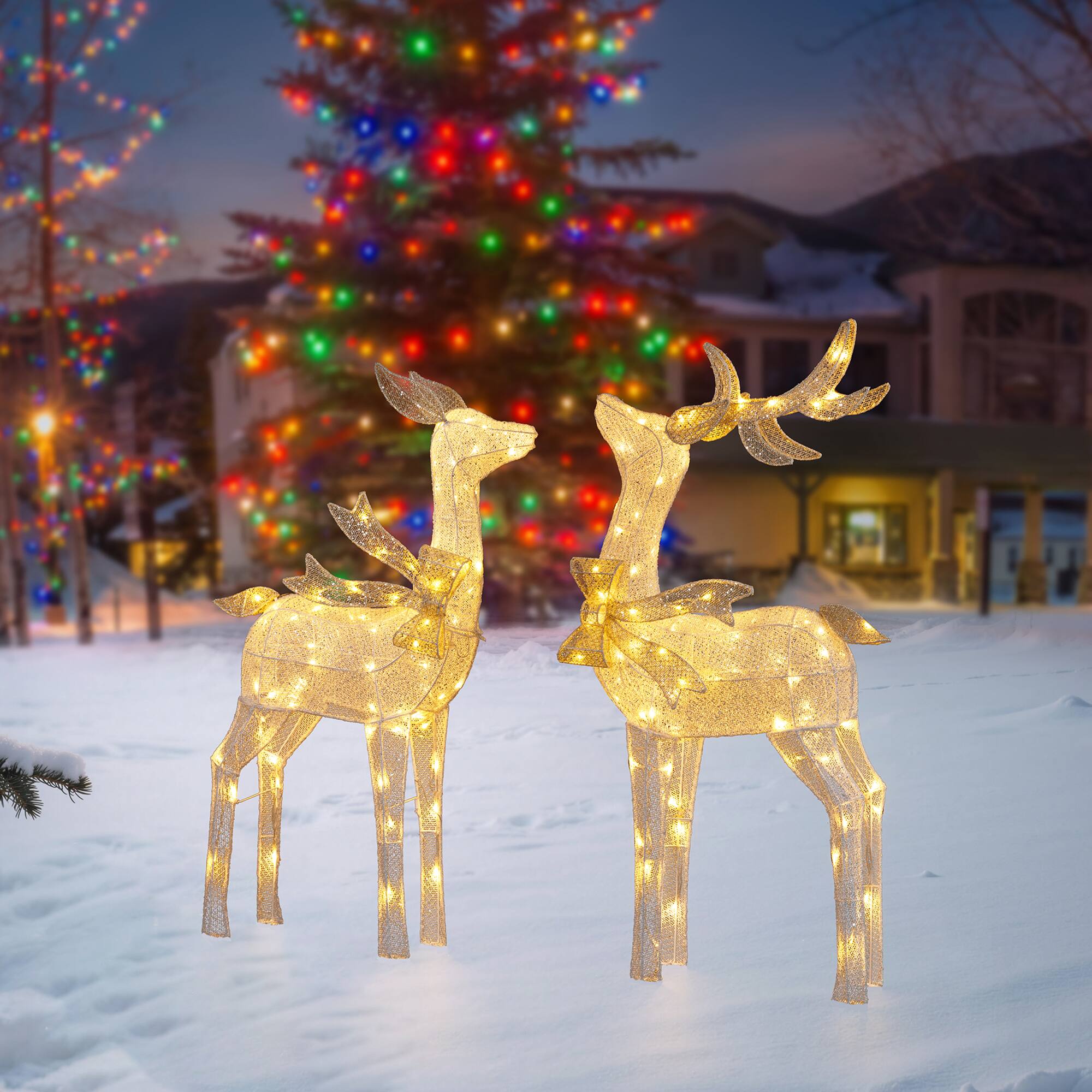 Front. Glitzhome - 43"H Set of 2 3D Glittered Fabric Reindeers with 170 LED Lights - Multi-Colored.