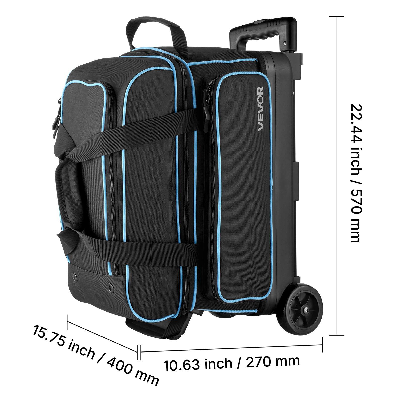 The corrected text is:

- VEVOR 22.44 inch / 570 mm
- 15.75 inch
- 10.63 inch / 270 mm
- 400 mm