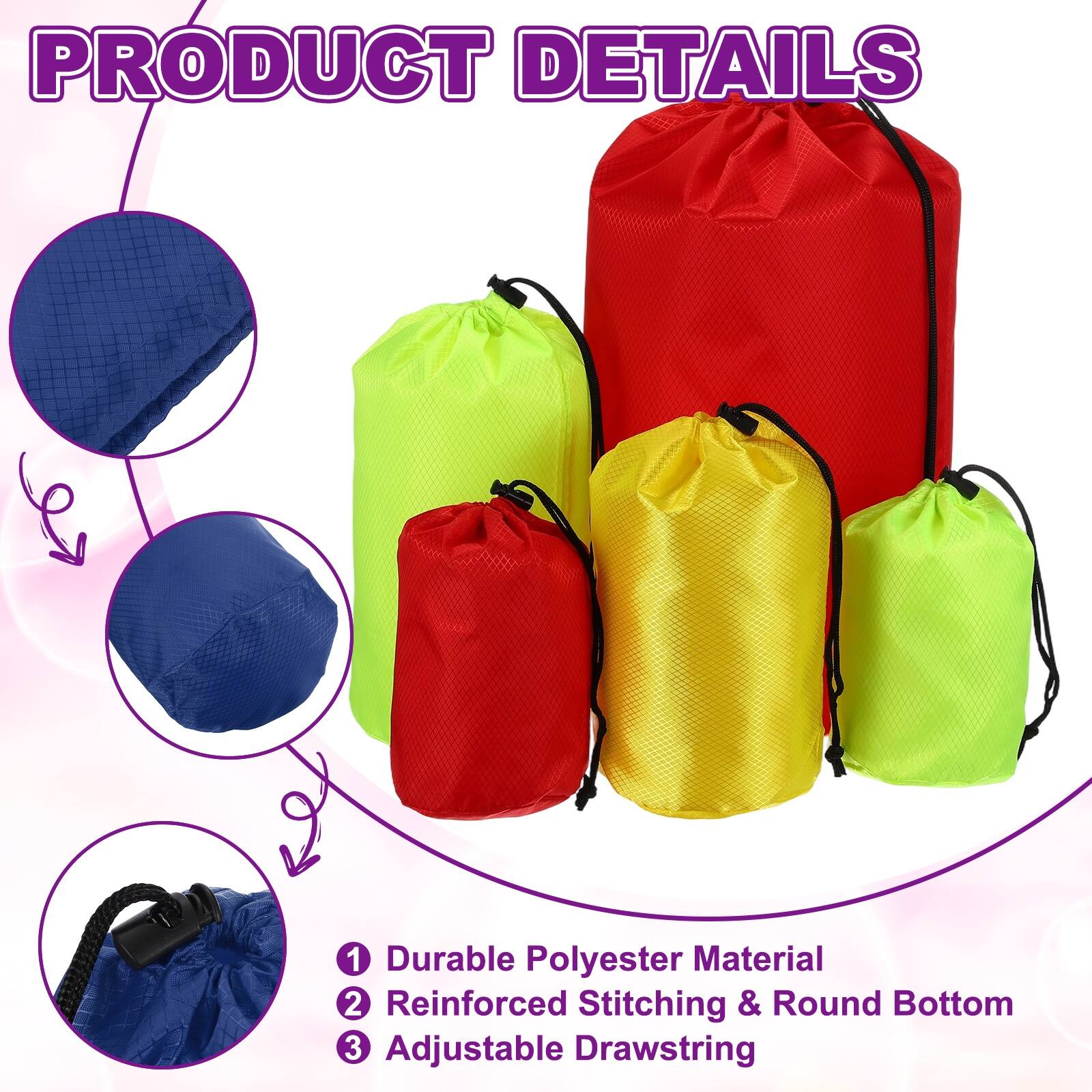 PRODUCT DETAILS

1. Durable Polyester Material
2. Reinforced Stitching & Round Bottom
3. Adjustable Drawstring
