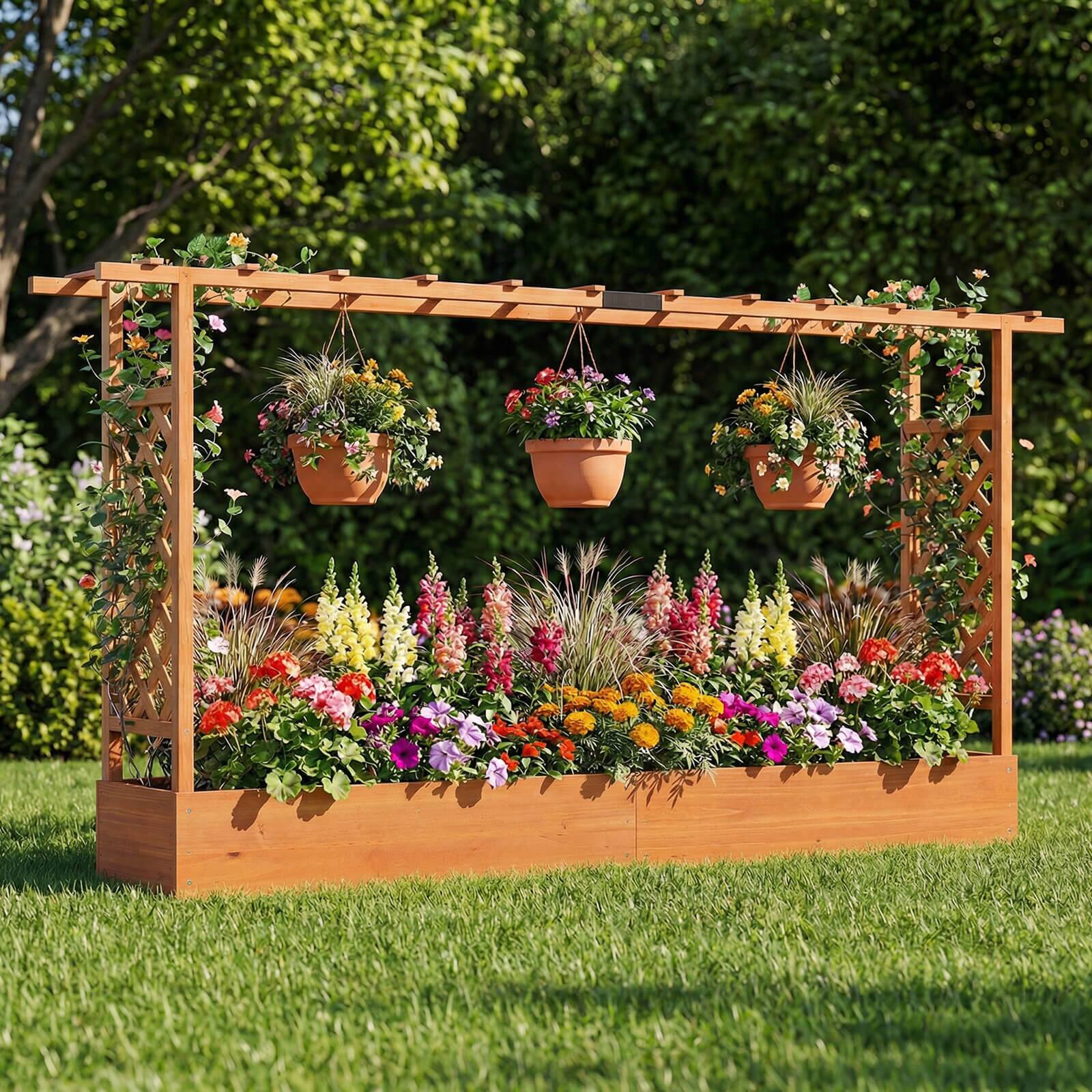 Alt View 1. Costway - Costway 2 PCS Wooden Raised Garden Bed with Trellis Hanging Roof Drainage Holes for Flowers - Orange.