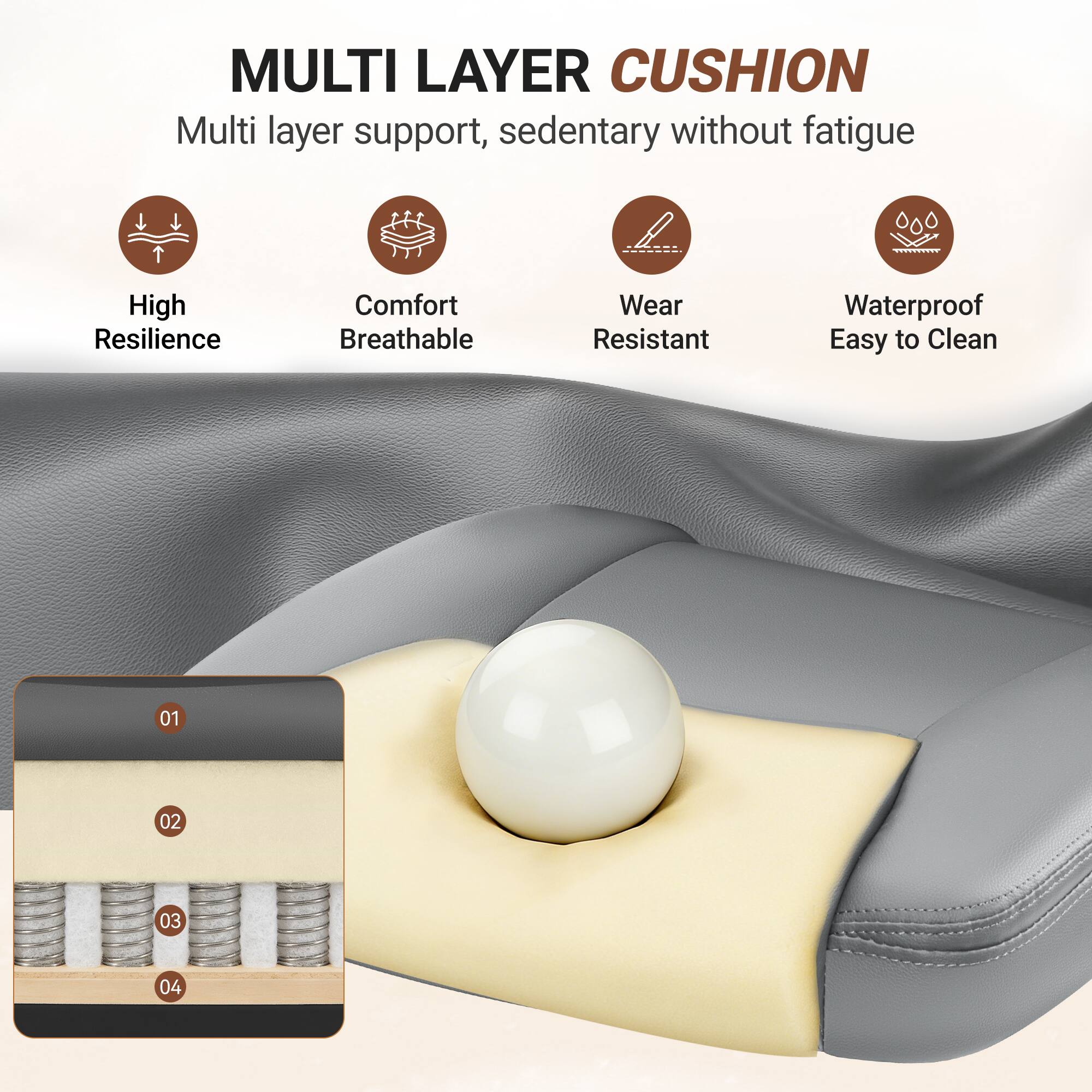 MULTI LAYER CUSHION

Multi layer support, sedentary without fatigue

High Resilience
Comfort Breathable
Wear Resistant
Waterproof
Easy to Clean

01
02
03
04