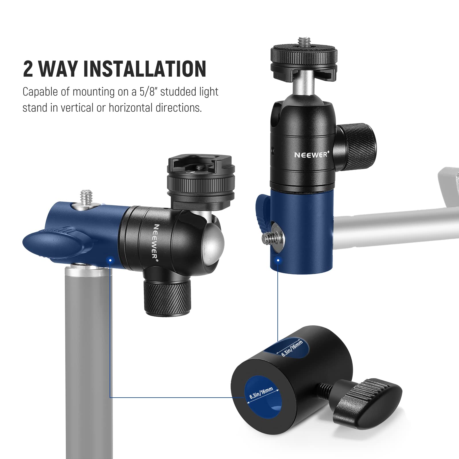 2 WAY INSTALLATION  
Capable of mounting on a 5/8" studded light stand in vertical or horizontal directions.