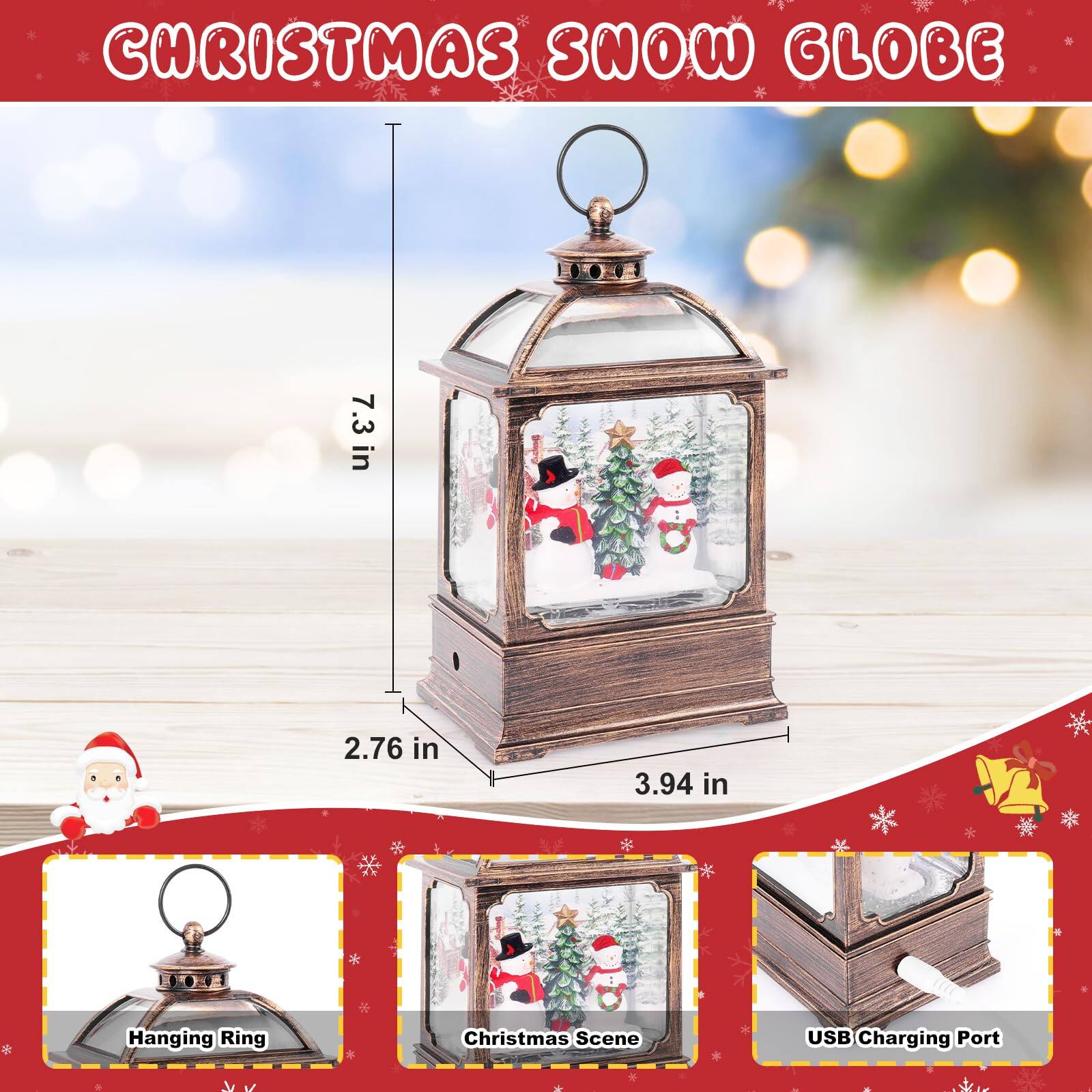 CHRISTMAS SNOW GLOBE

- 7.3 in
- 2.76 in
- 3.94 in

Hanging Ring
Christmas Scene
USB Charging Port