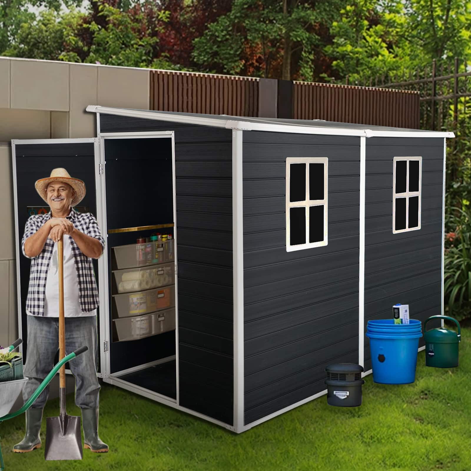APRILSOUL - 8x4 Resin Shed Lockable Double Windows Steel Frame All Weather Storage - Carbon Black