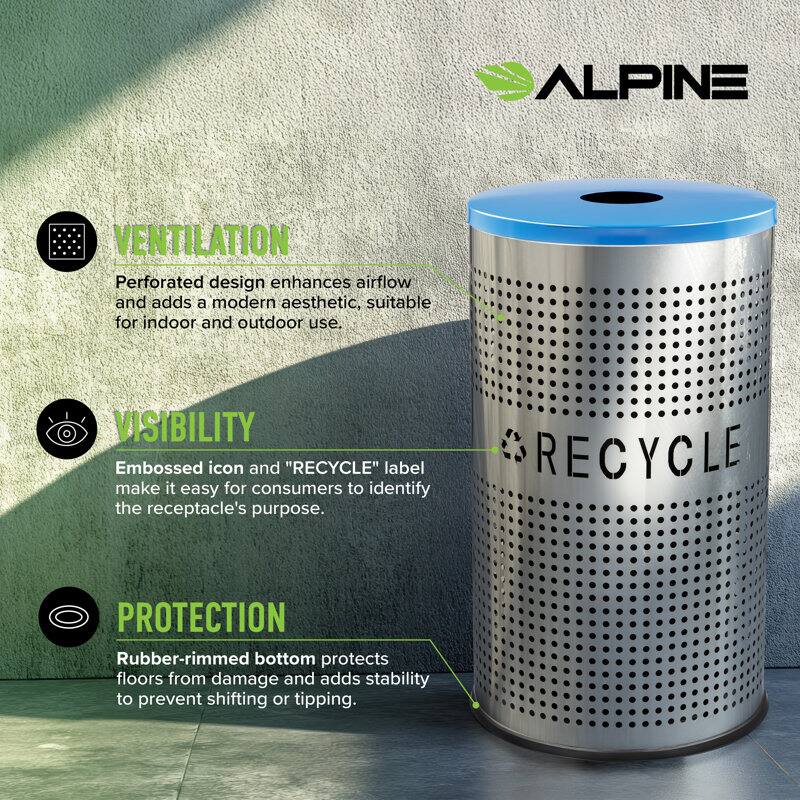 ALPINE
VENTILATION
Perforated design enhances airflow and adds a modern aesthetic, suitable for indoor and outdoor use.
VISIBILITY
Embossed icon and "RECYCLE" label make it easy for consumers to identify the receptacle's purpose.
PROTECTION
Rubber-rimmed bottom protects floors from damage and adds stability to prevent shifting or tipping.