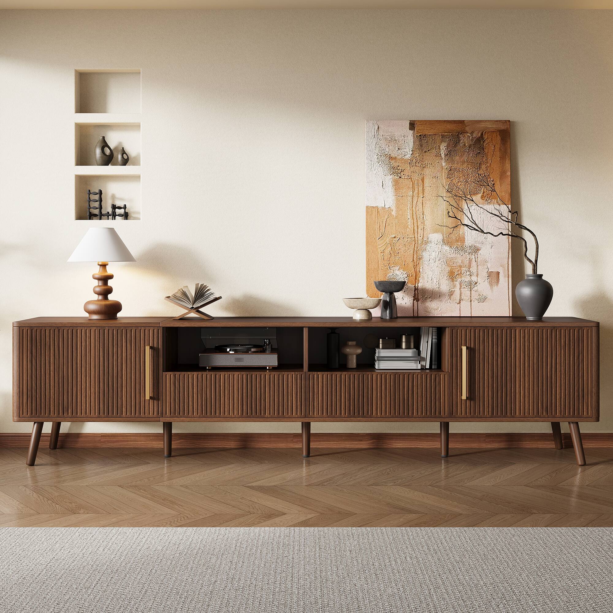 Left. MERAVOM - Mid-Century Modern TV Stand for TVs Up to 85", Entertainment Center with 2 Storage Cabinets, 2 Drawers & 2 Open Shelves - Walnut.
