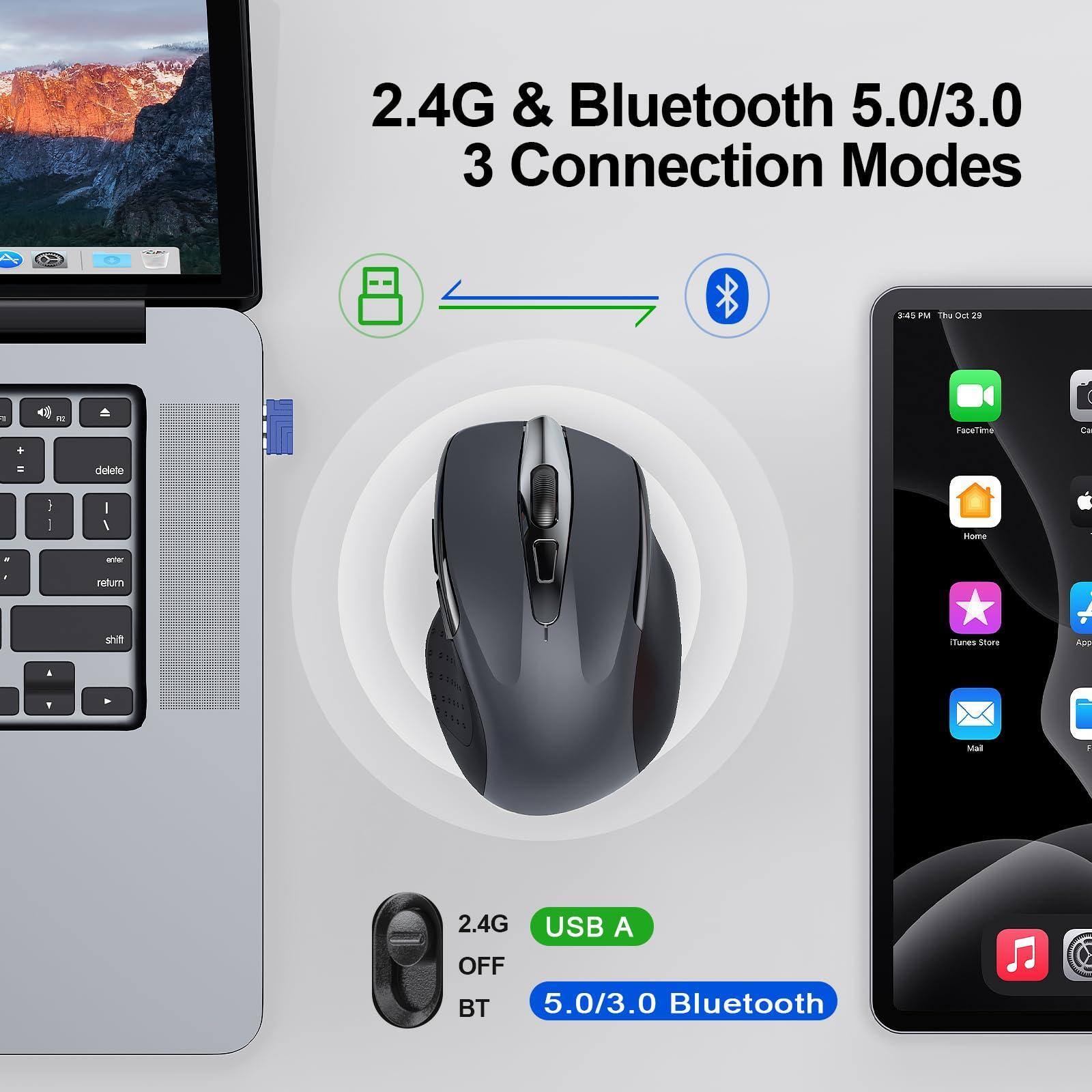 2.4G & Bluetooth 5.0/3.0  
3 Connection Modes

- 2.4G
- USB A
- 5.0/3.0 Bluetooth