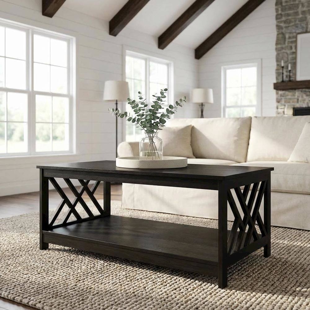 Left. FurniFact - Espresso Coffee Table with Shelf MDF Construction Sturdy Storage Design - Espresso.
