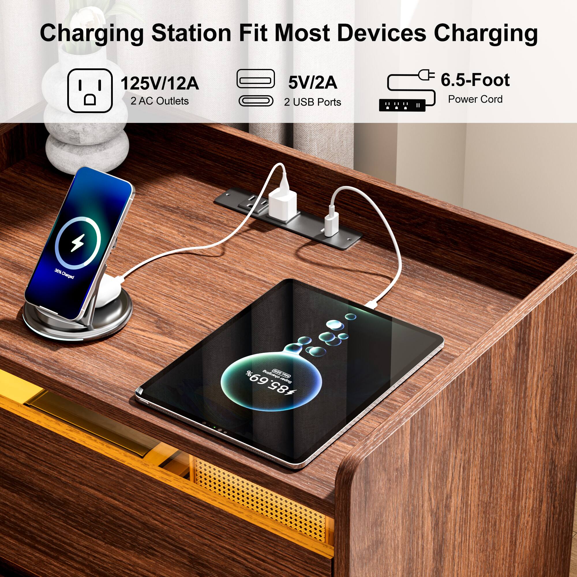 Charging Station Fit Most Devices Charging  
125V/12A  
2 AC Outlets  
5V/2A  
2 USB Ports  
6.5-Foot Power Cord