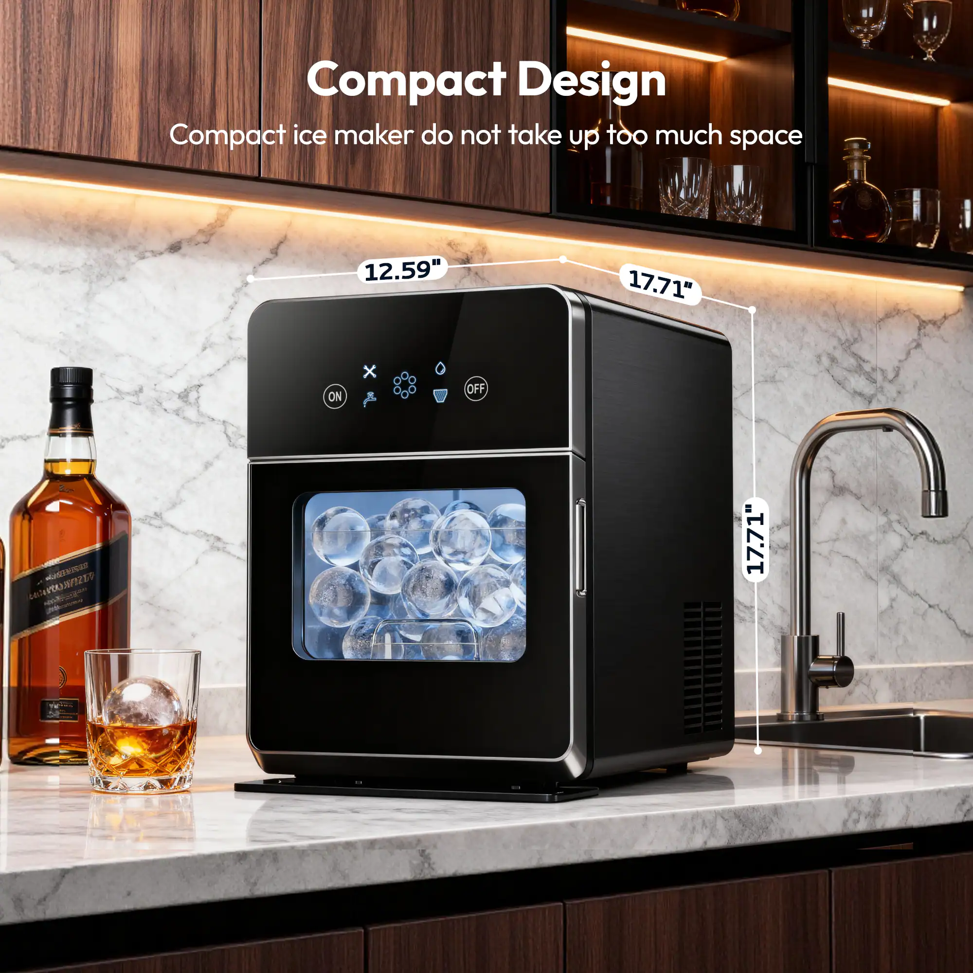 Compact Design  
Compact ice maker do not take up too much space  
12.59" x 17.71" x 17.71"