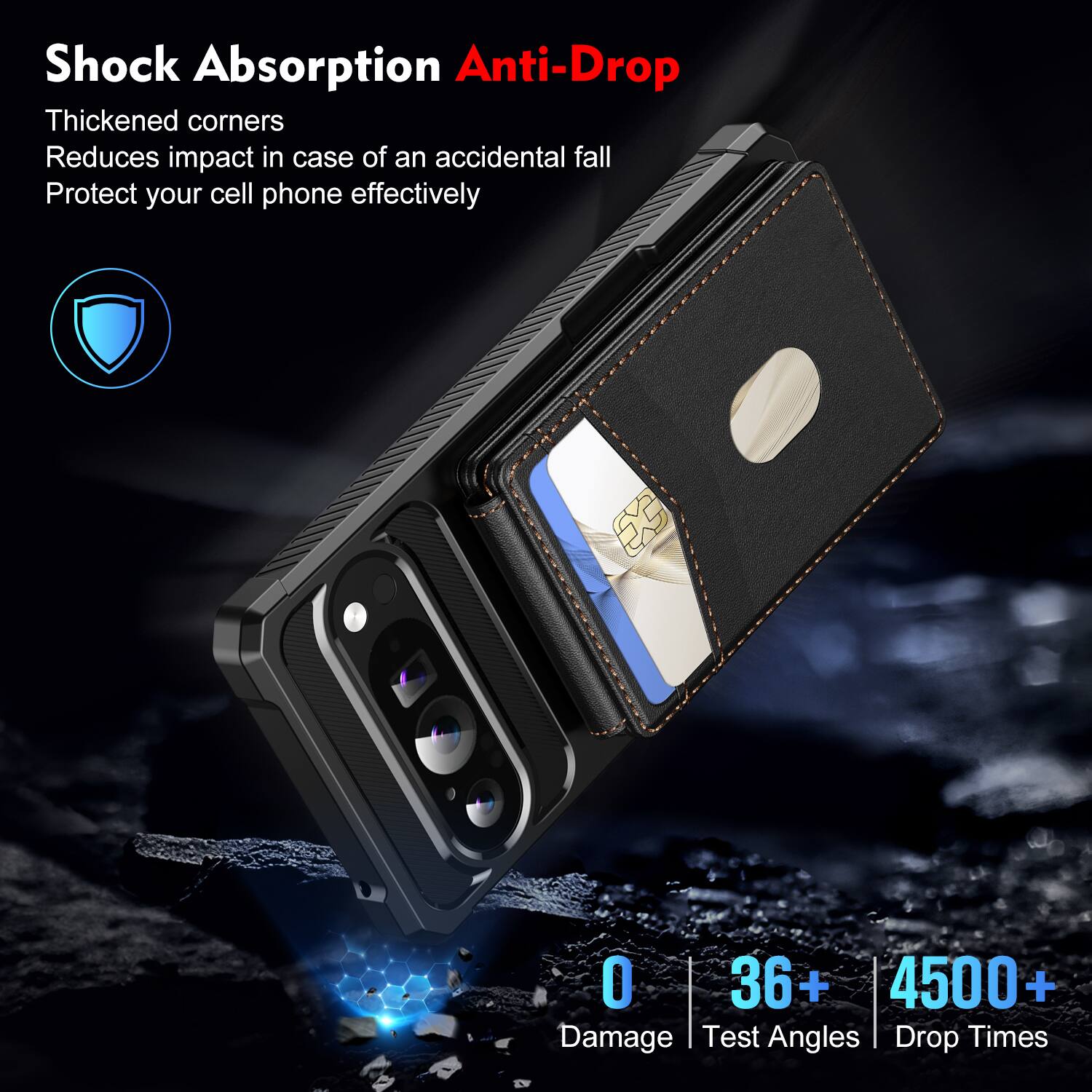 Shock Absorption Anti-Drop  
Thickened corners  
Reduces impact in case of an accidental fall  
Protect your cell phone effectively  

0 Damage  
36+ Test Angles  
4500+ Drop Times