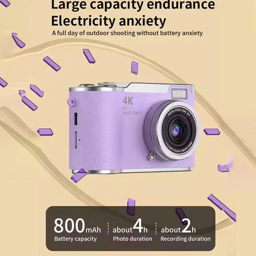 Large capacity endurance Electricity anxiety  
A full day of outdoor shooting without battery anxiety  

4K  
480 MEGA PIXELS  

800 mAh  
Battery capacity  
about 4h  
Photo duration  
about 2h  
Recording duration