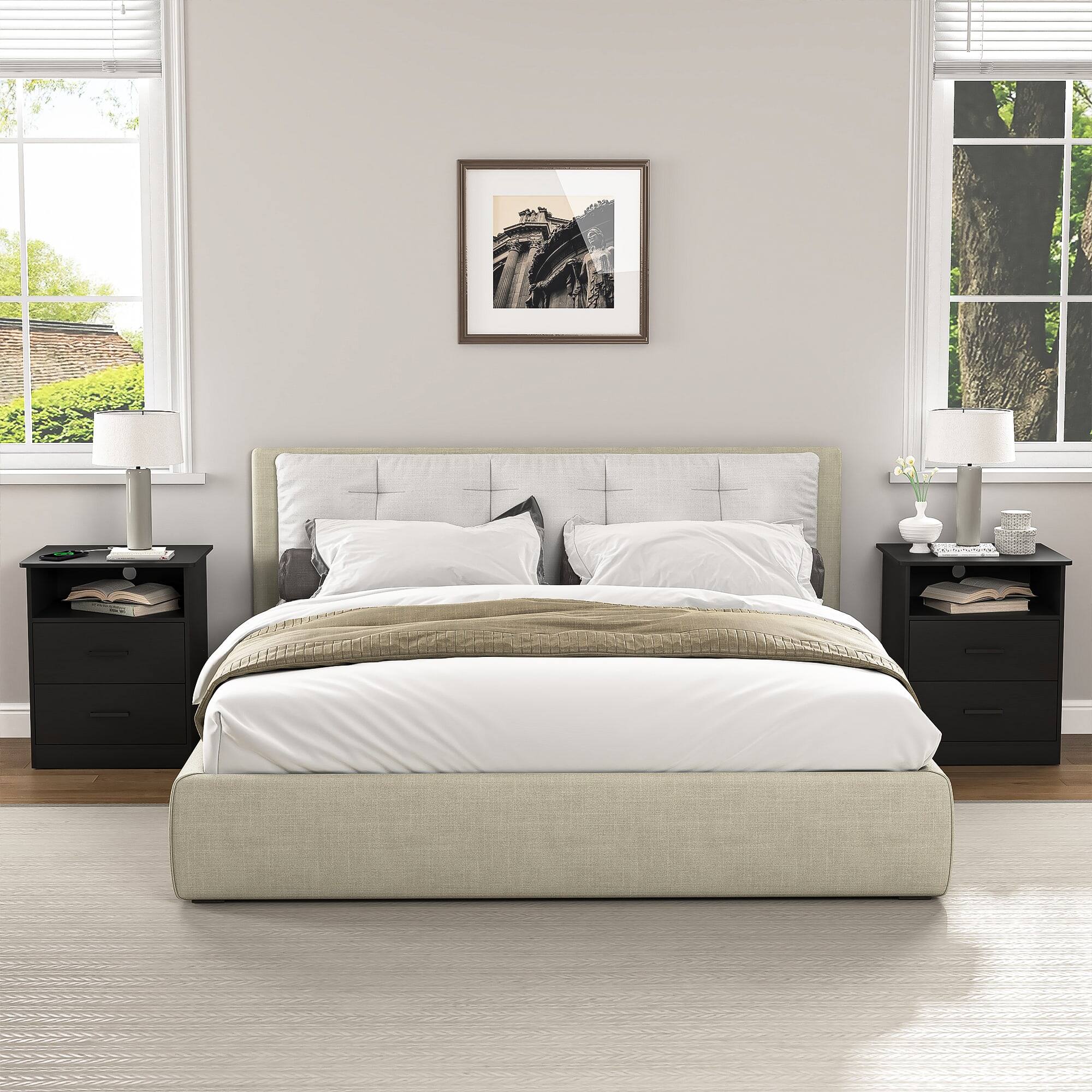 Angle. Kadyn - Kadyn Wood Nightstand With Charging Station, Bedside Table With 2 Drawers, Bedroom Nightstand - Black.