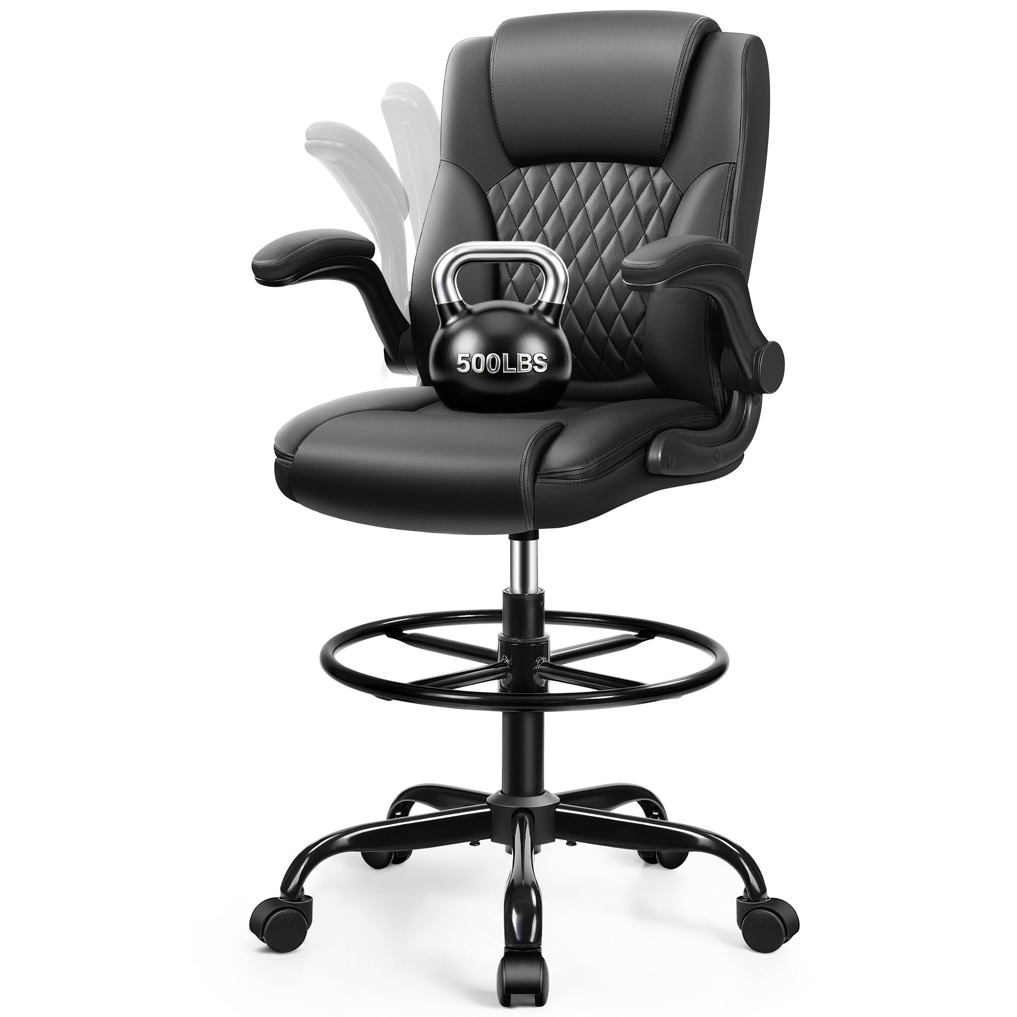 Angle. Brick Attic - Executive Tall Drafting Chair, Ergonomic Leather Office Chair with   Flip-Up Armrest, Adjustable Height Desk Chair - Black.