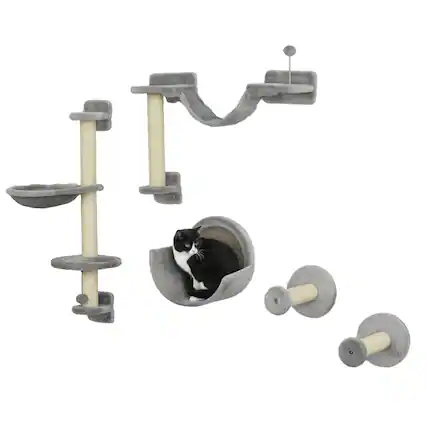 Front. Pawhut - 5 Piece Cat Wall Shelves, Wall Mounted with Hammock, Perches, Ladder, Scratching Posts, for Climbing and Relaxing - Gray.