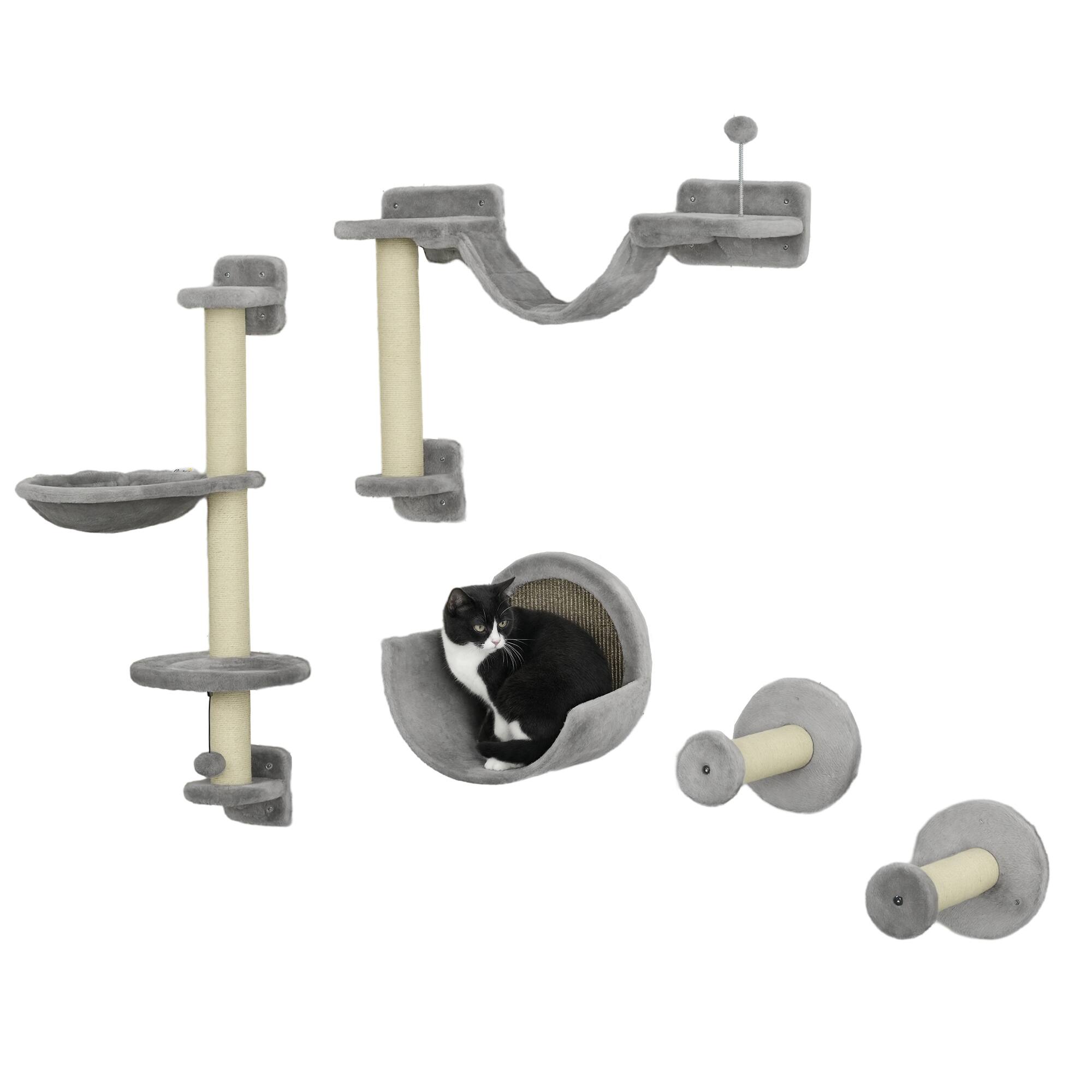 Front. Pawhut - 5 Piece Cat Wall Shelves, Wall Mounted with Hammock, Perches, Ladder, Scratching Posts, for Climbing and Relaxing - Gray.