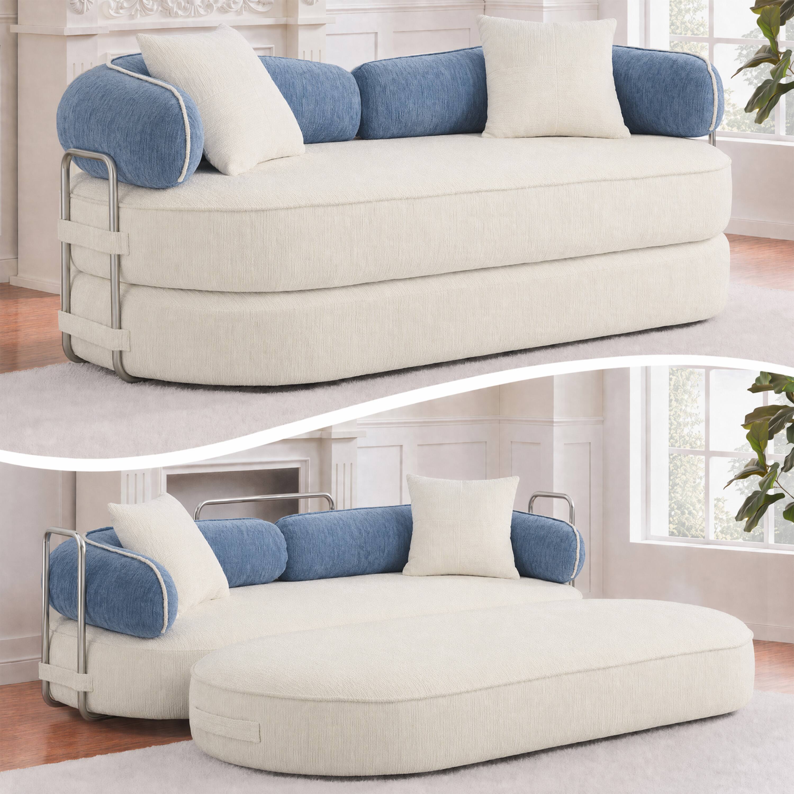 Alt View 8. Vipbear - Curved Loveseat with 4 Pillows, Modern Boneless Couch, Convertible Sleeper Sofa Bed - white/blue.