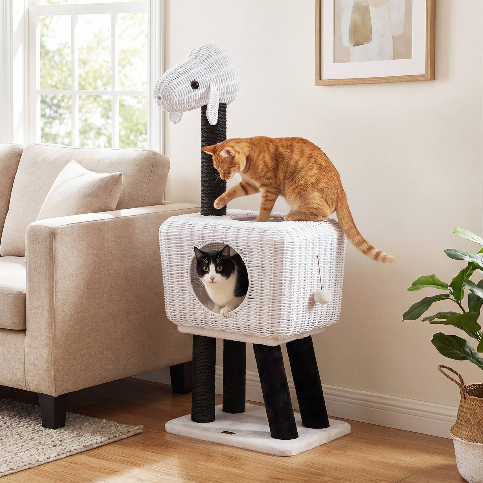 Alt View 1. Gymax - Gymax Cat Tree Lamb-Shaped Cat Tower w/ 2-Door Rattan Condo Sisal Scratching Posts.