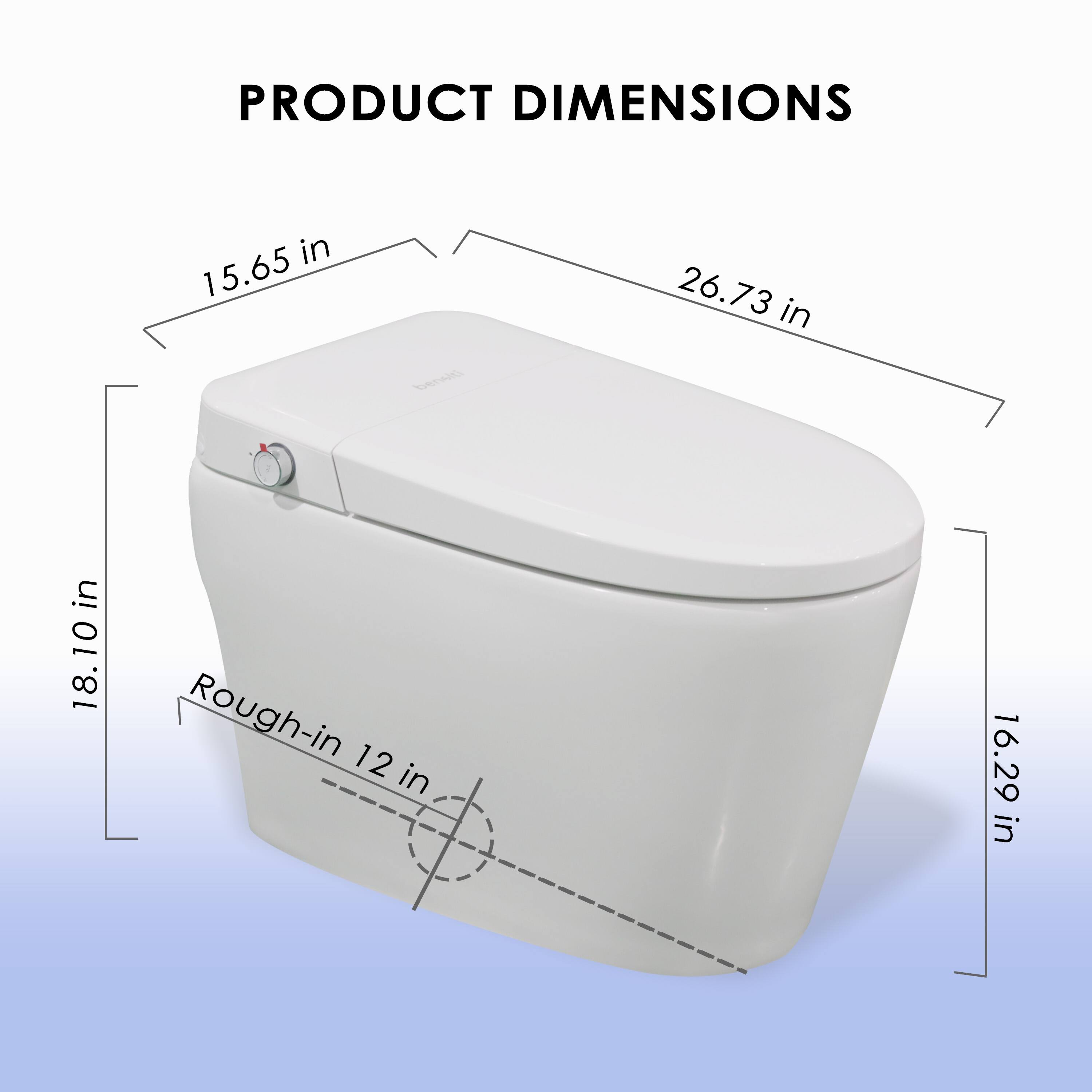 PRODUCT DIMENSIONS: 15.65 in, 26.73 in, 18.10 in, Rough-in 12 in, 16.29 in